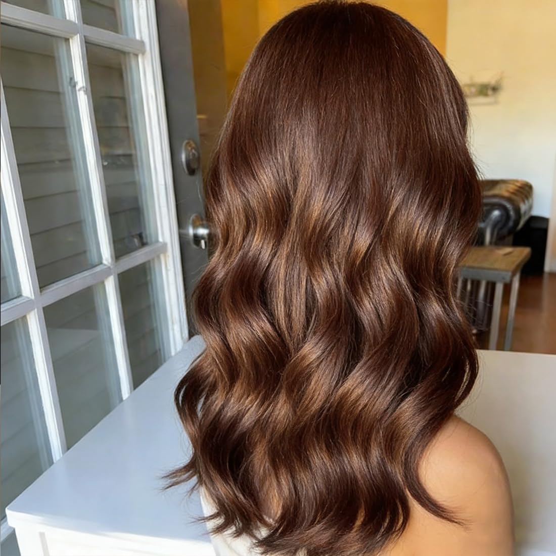 Chocolate Brown Human Hair Wigs with Bangs for Women 13x6 HD Invisible Lace Front Wig Natural Wave Glueless Wig Brazilian Remy Hair With Pre Plucked Bleached Knots 14 Inch