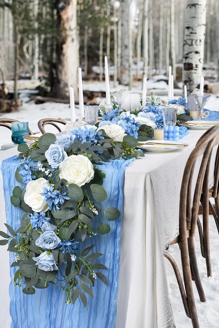 2 Pack Artificial Peony Flower Garland - 6ft Silk Peony Eucalyptus Garland Flower Vine Blue and White Peony Silk Roses Flowers for Wedding Arch Party Table Decor (Blue)