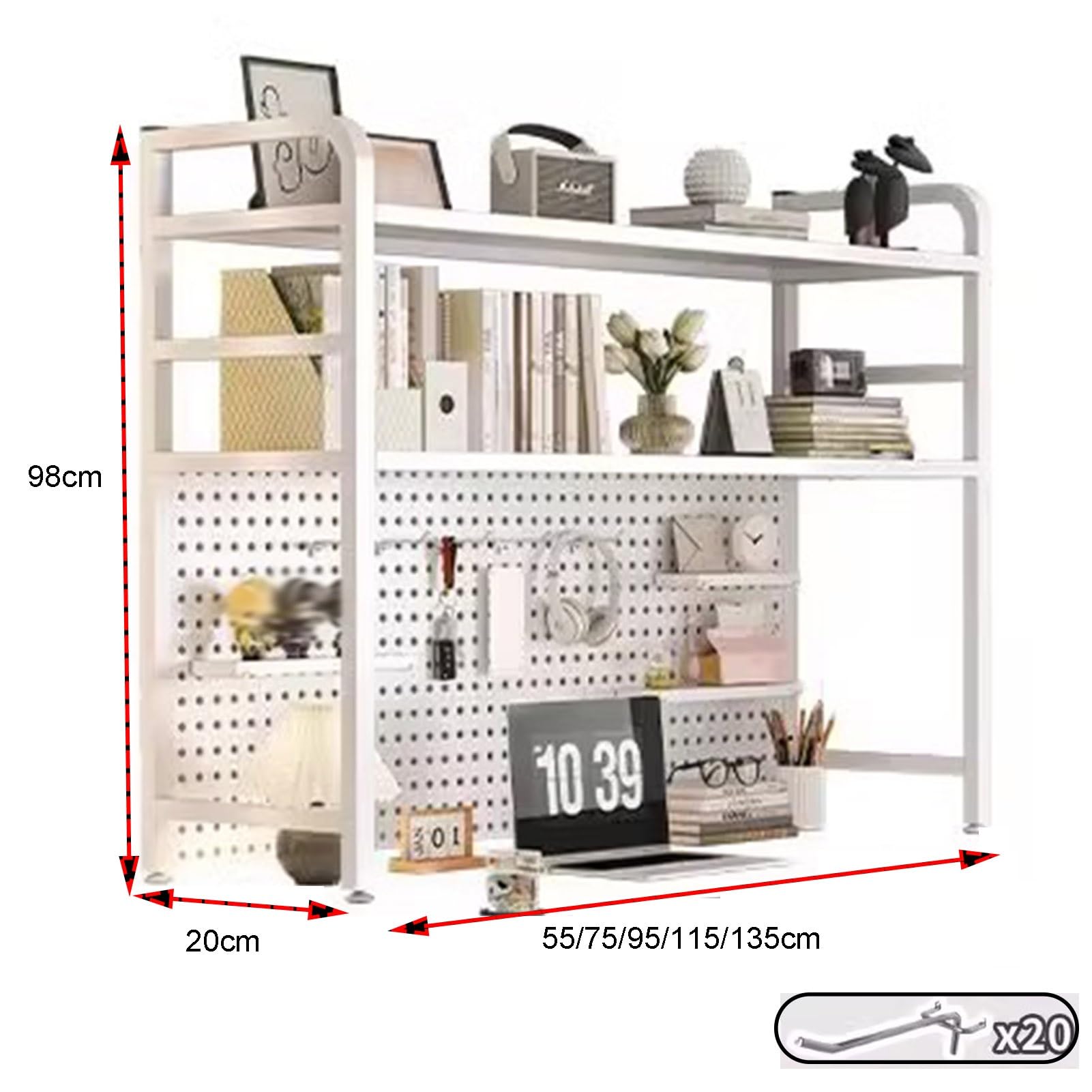 Sistema modular de estante de tablero perforado, estilo industrial de 2 niveles con 20 ganchos, organizador de escritorio que ahorra espacio para oficina en casa