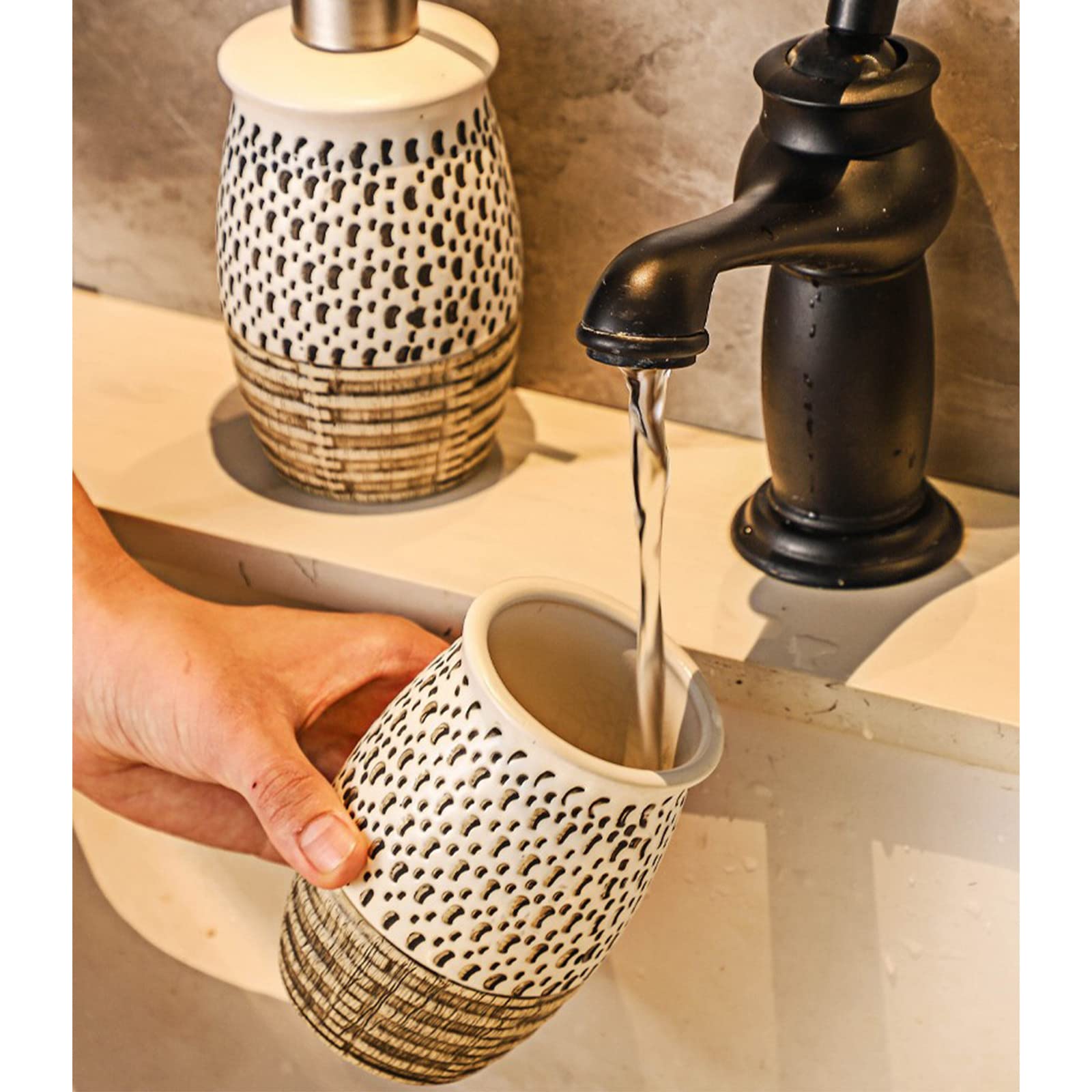 Juegos de Accesorios de baño, Antiguo Acesorios Cuartos de Baño 5 Piezas con Dispensador Jabon Baño, Jabonera Baño, Porta Cepillo de Dientes, Bandeja, para Champú Cerámica Marrón