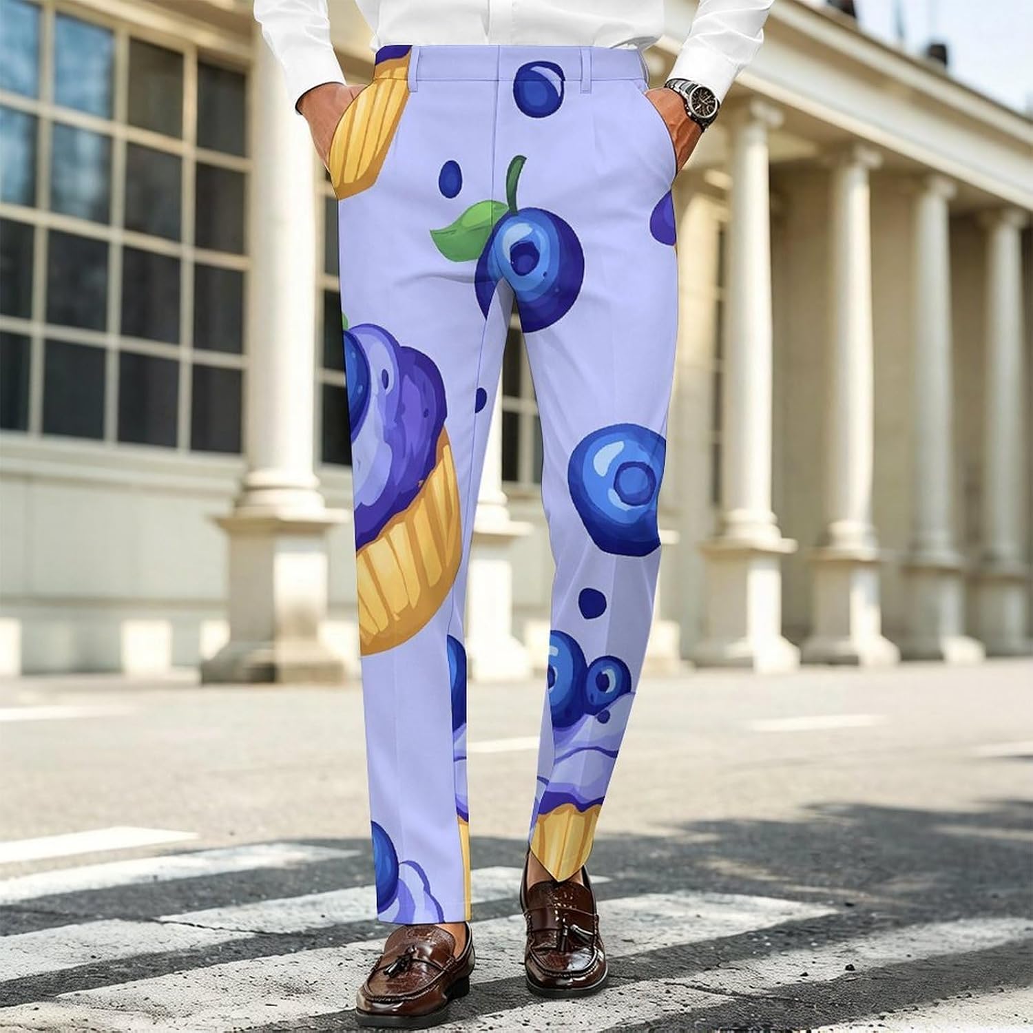 Blueberry Muffin Cupcakes Men's Classic Fit Suit Pants Straight Leg Design Printed Trousers