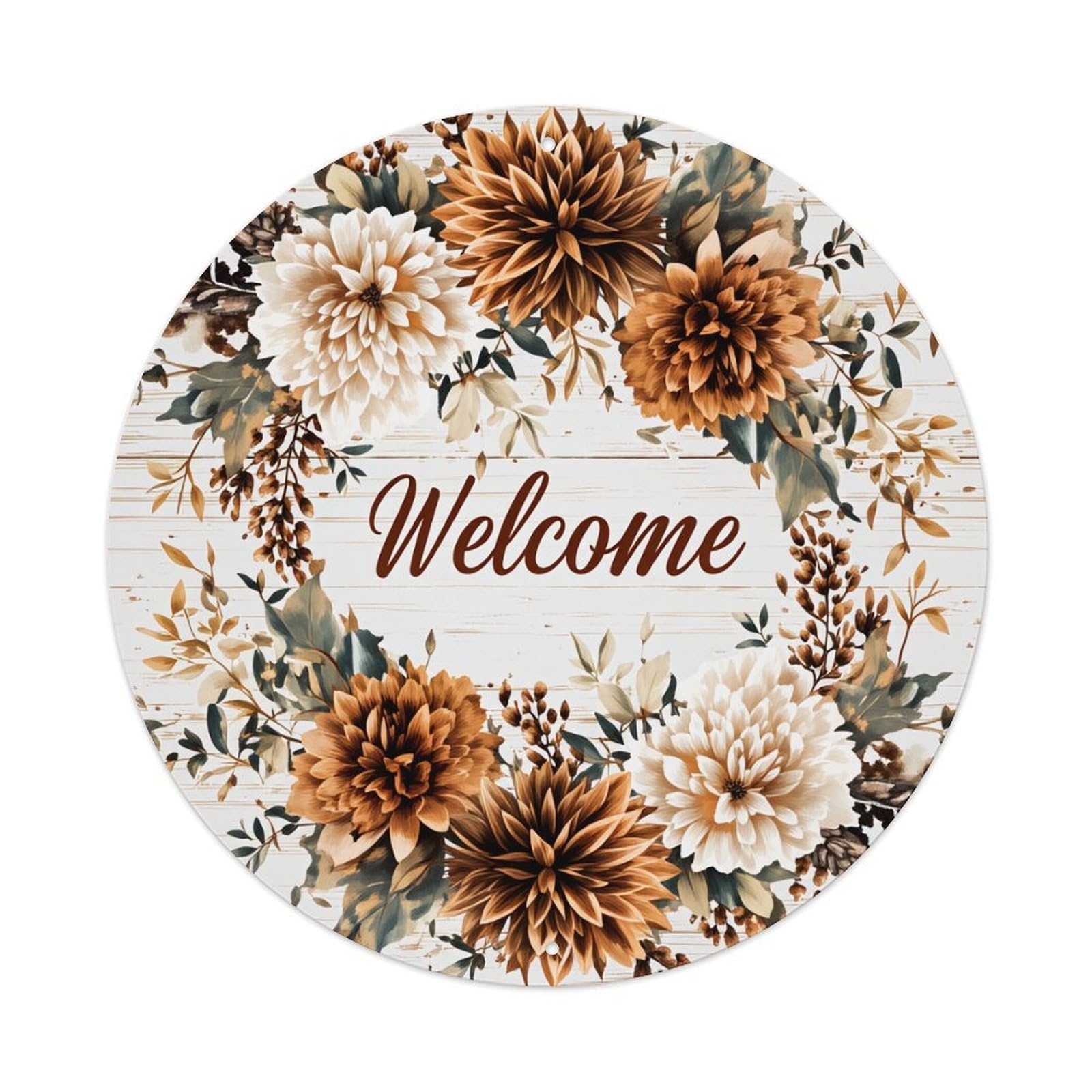 Floral Wreath Autumn Welcome Pattern Round Tin Sign Vintage Metal Poster, Home Bar Garage Man Cave Cafe Indoor & Outdoor Wall Decoration 8x8Inches