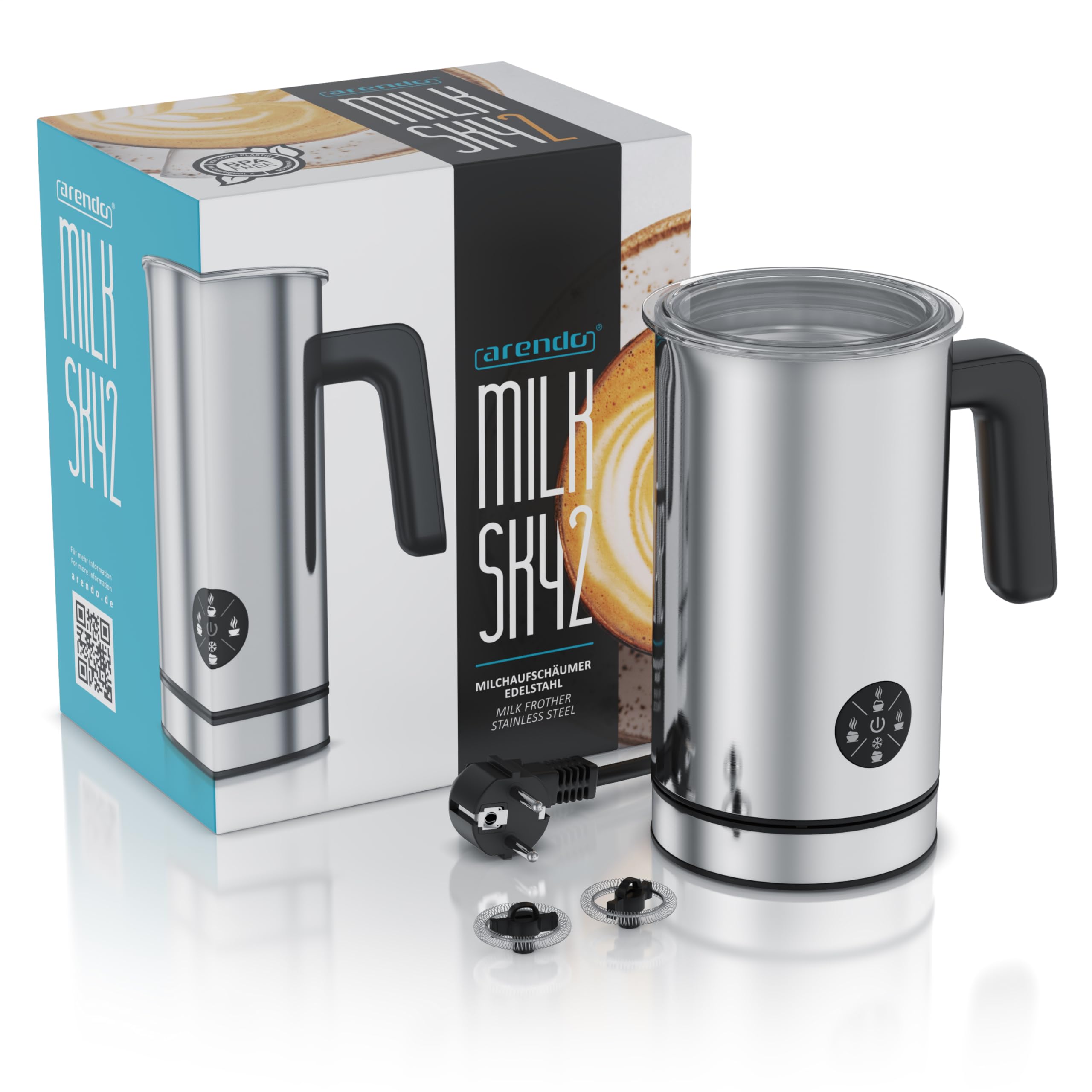Arendo - Espumador de leche eléctrico 4 en 1 – Carcasa de doble pared – 4 programas – Espuma caliente y fría – Espuma cremosa y firme – 150-300 ml – Revestimiento antiadherente – Cappuccino Latte