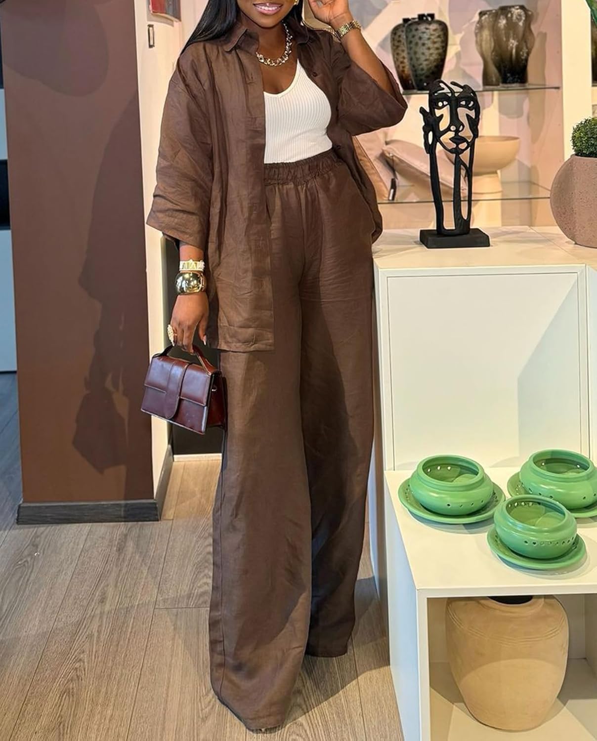 Voghtic 2 Piece Outfits For Women Lounge Sets 3/4 Sleeve Button Down Shirts And Wide Leg Pants Sets - Image 3