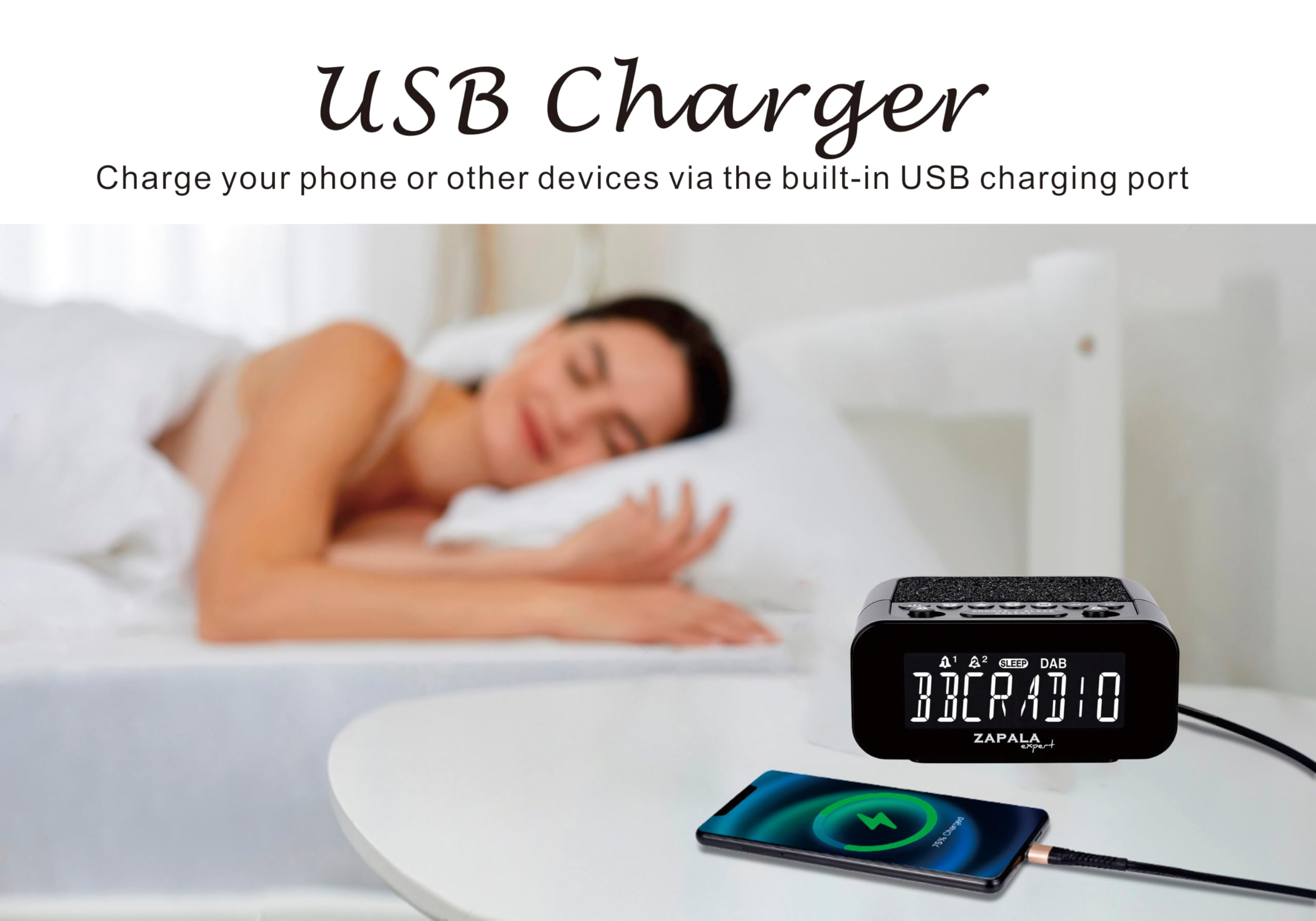 Radiosveglia DAB+ e FM, con 2 allarmi, ampio display LCD, Plug in Digital DAB+ e radio FM con porta di ricarica USB, volume e dimmer regolabili, snooze per bambini che dormono