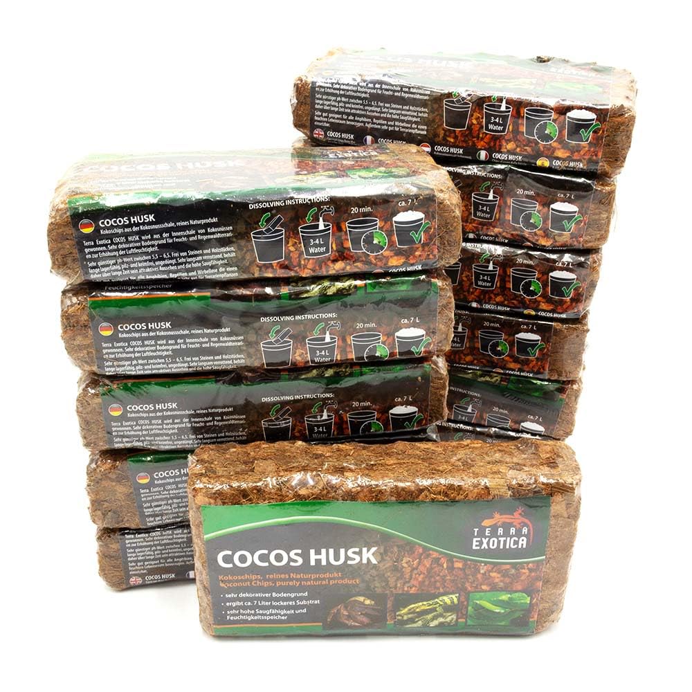 Terra Exotica Cocos Husk Brick ca. 500g - grob, gepresster Humusziegel als Terrarienboden für Reptilien und Amphibien, 1 Ziegel ergibt ca. 7 Liter lockeres Substrat (12 Stück - 84 Liter)