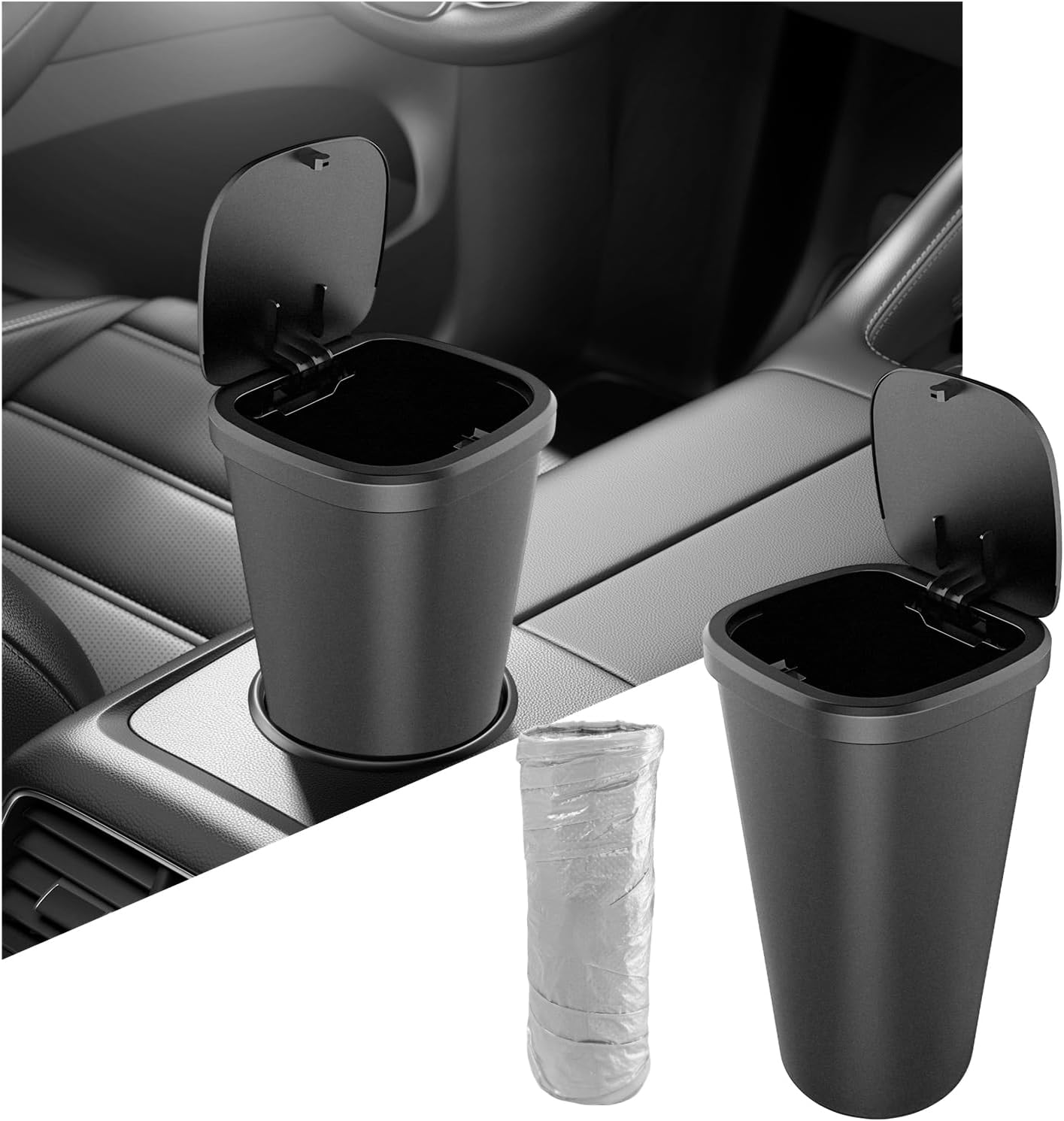 Car Trash Can with Lid, Portable Auto Cup Holder Garbage Bin with 30 Trash Bags, Multipurpose Mini Rubbish Can Storage Organizer for Vehicle Office Home, Car Accessories
