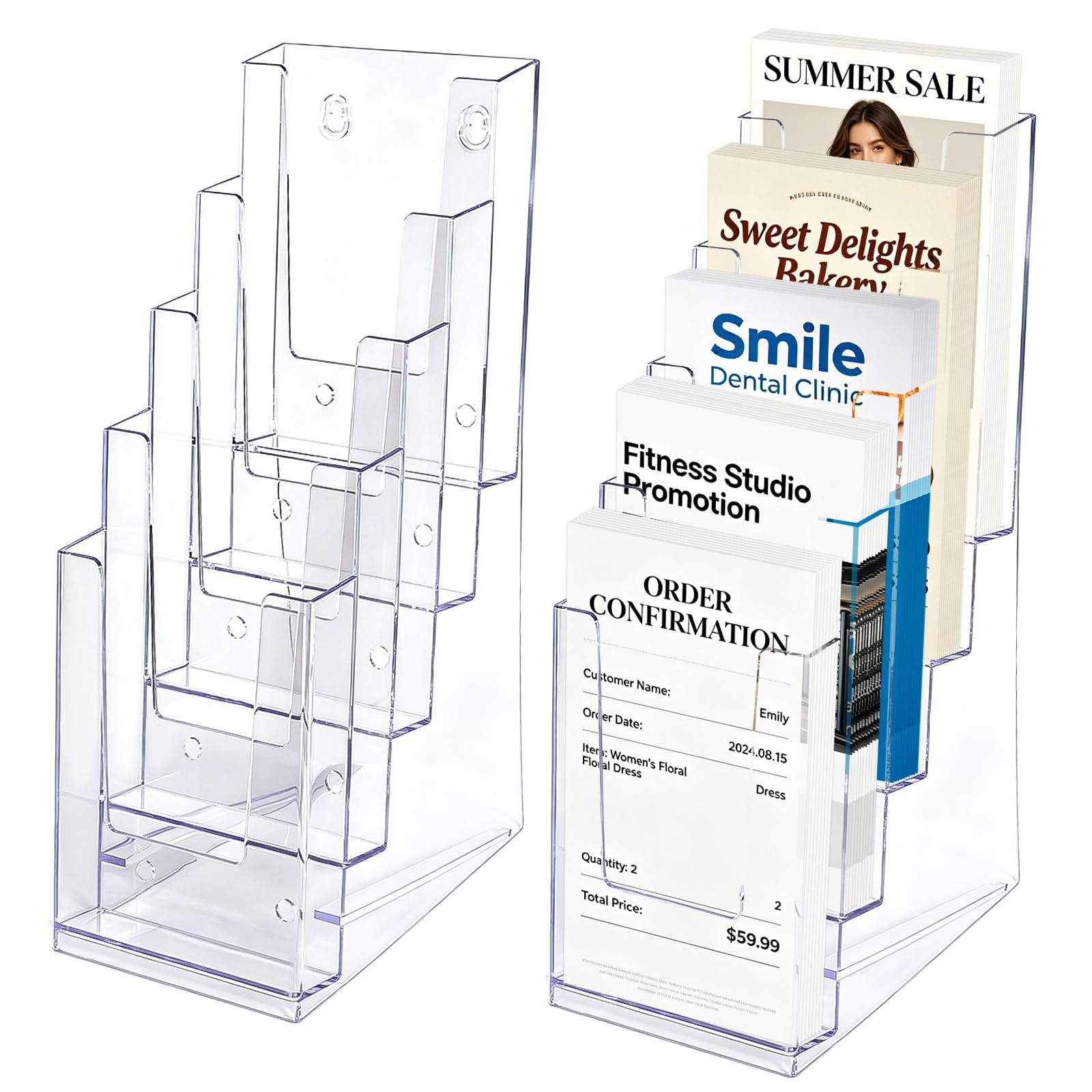 HFDONGL Pack of 2 Brochure Holder Flyer Stand with 5 Compartments Flyer Stand Acrylic Flyer Holder Wall for Brochures Cards Postcards Flyer Menu (4 x 9 inches)
