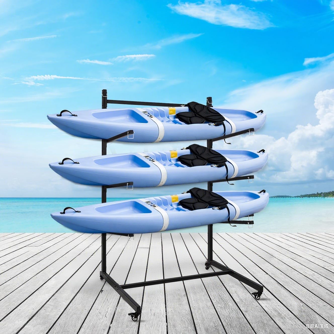 Kayak Storage Rack, Widen & Lengthen Freestanding Kayak Stand with Wheels for Kayak, Canoe, Surfboard, Paddleboard, Heavy Duty Kayak Racks for Garage and Outdoor Storage