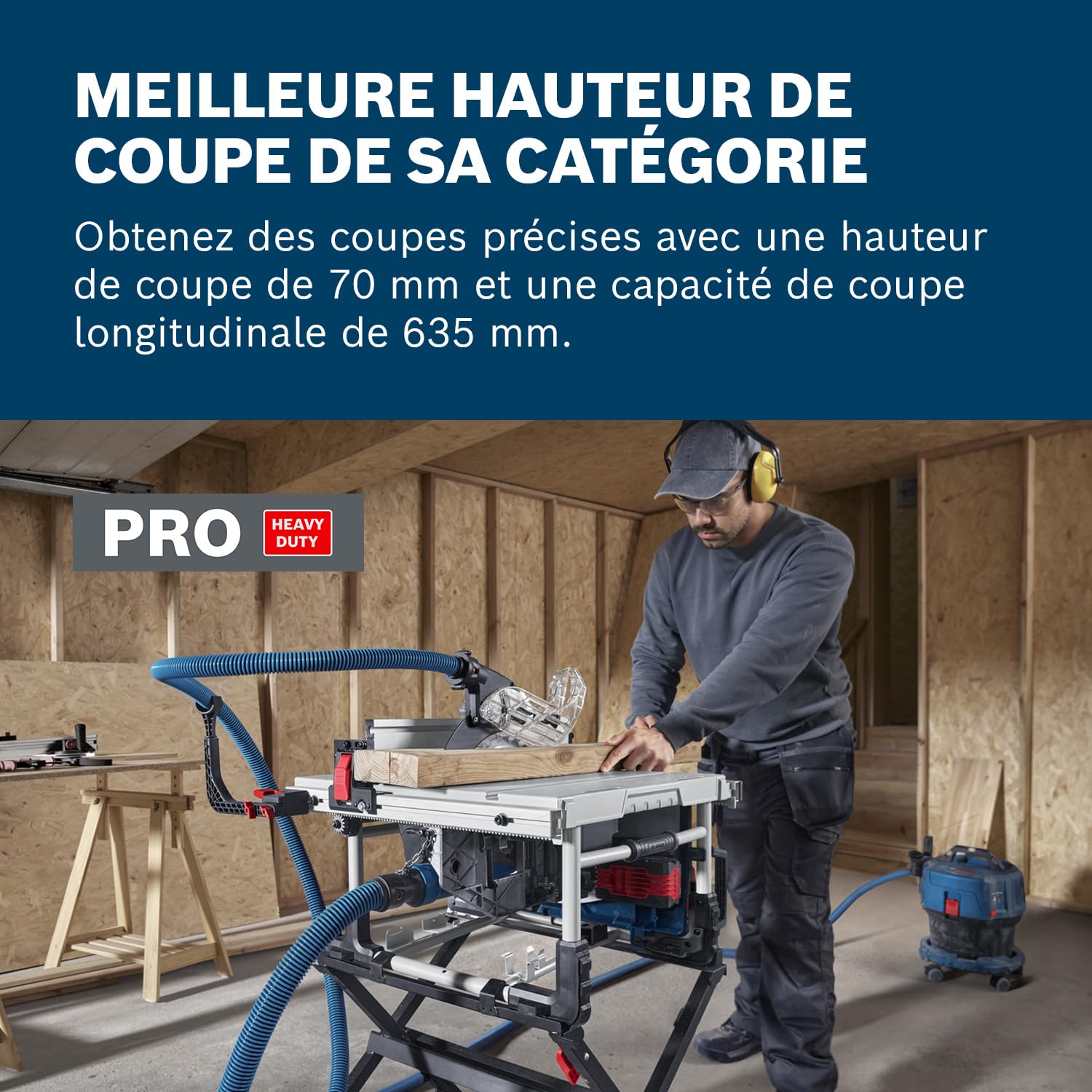 Bosch Professional 18V System scie sur table sans-fil GTS 18V-70 (avec lame Optiline Wood, poussoir, housse, rail profilé, 2x adaptateurs, 2x clé, 2x butée)
