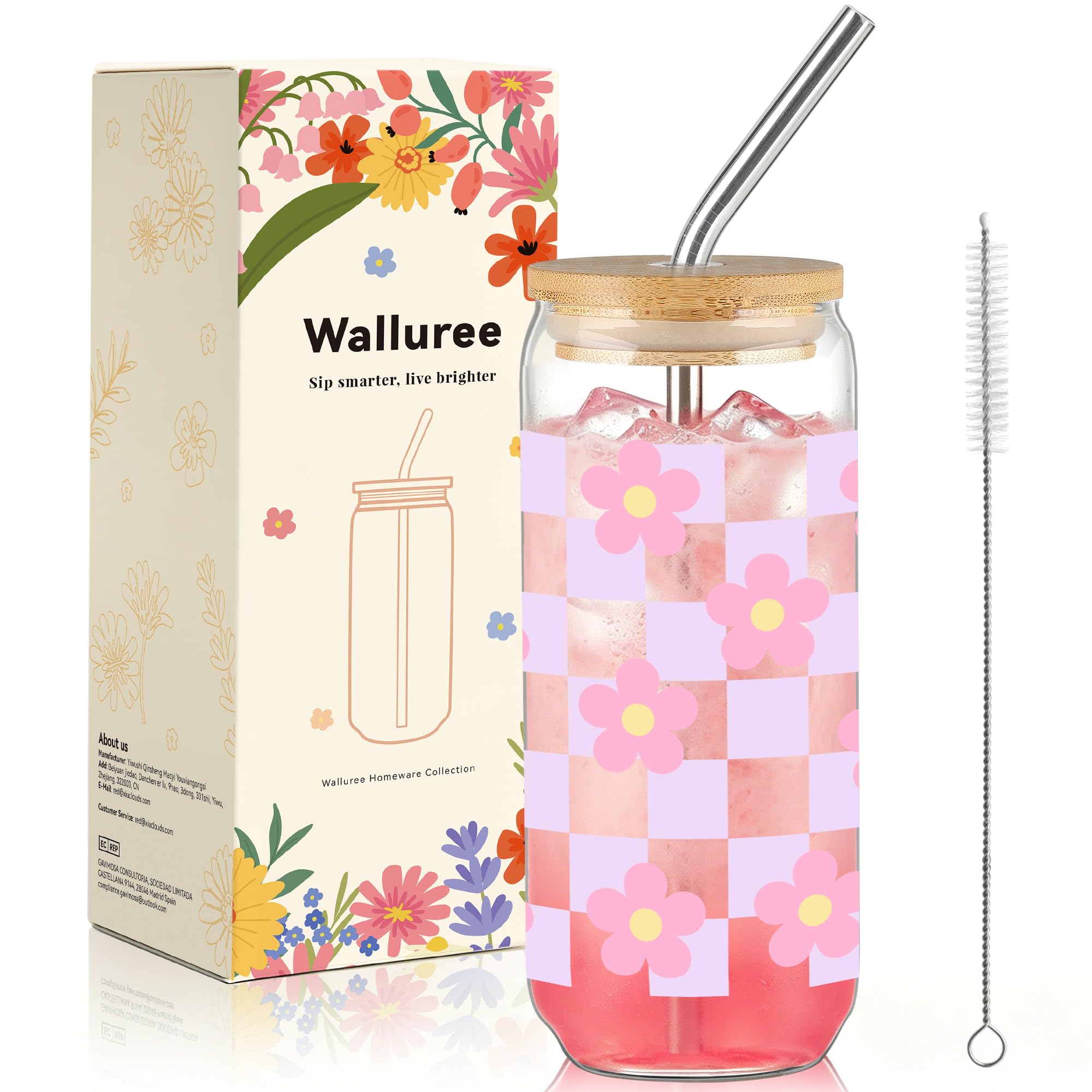 Walluree Glass Cups with Lids and Straws 600ml Flower Iced Coffee Tumbler