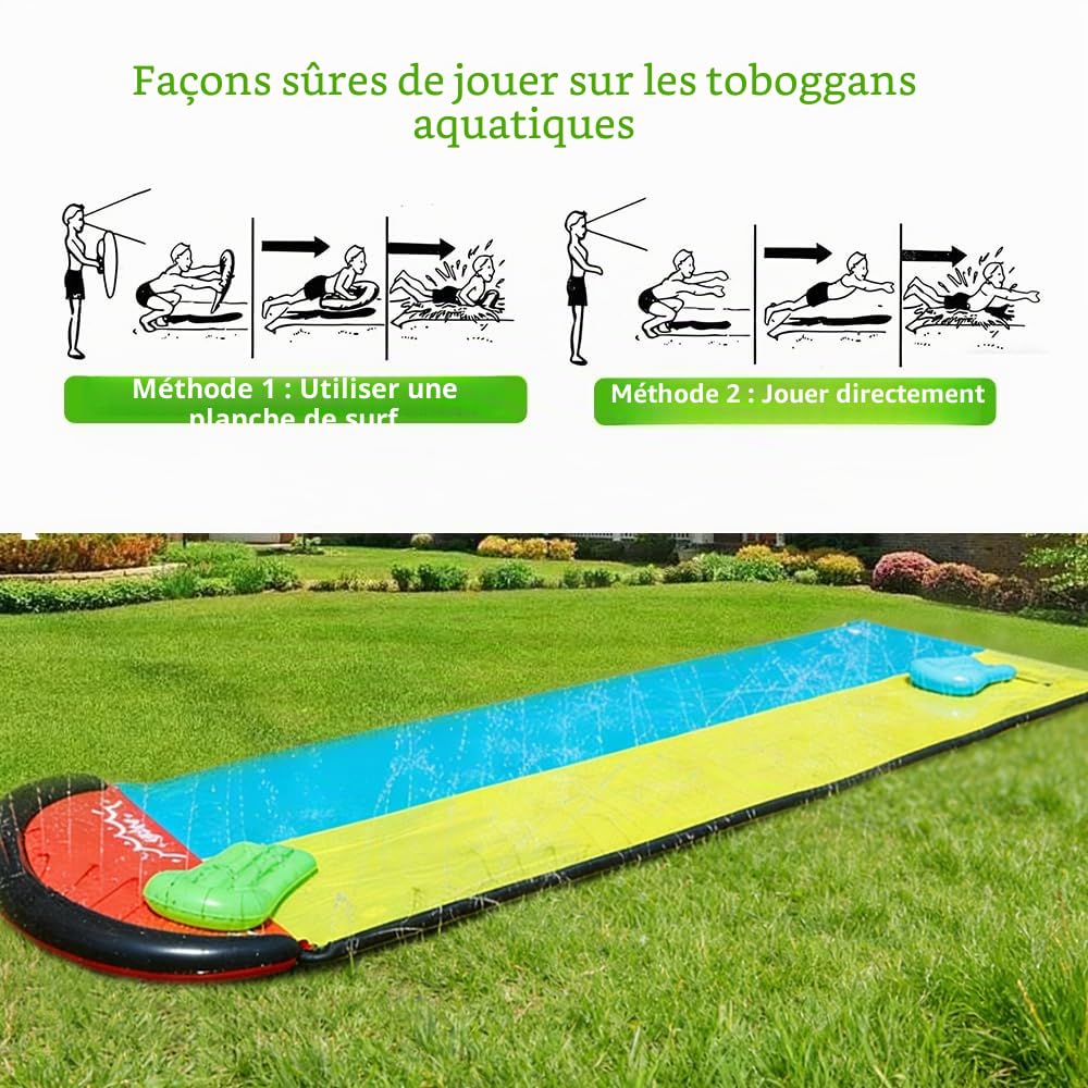 Toboggan Aquatique, 480 X 140cm Ventre Glisse avec 2 Bodyboards, Toboggan Aquatique à Double Piste avec Arroseur Intégré, Tapis de Glisse Eau Enfant Adulte pour Le Jardin, Piscine, Extérieu