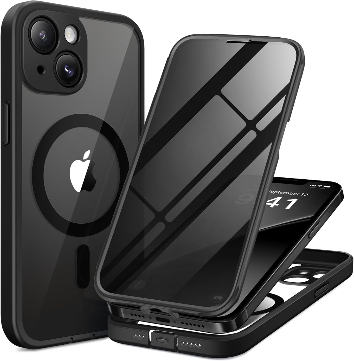 BERFY for iPhone 13 Case, Compatible with MagSafe, Built-in Privacy Screen Protector and Camera Protection, Anti-Spy Full Body Shockproof Clear Phone Case for 13 6.1", Black