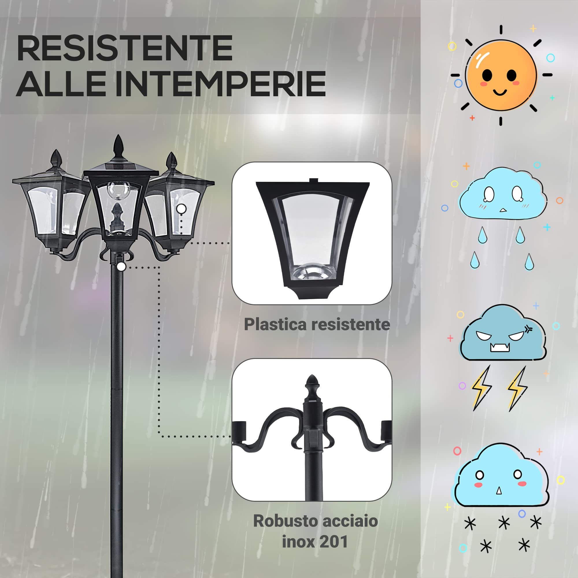 Outsunny Set 2 Lampioncini Solari da Esterno a 3 Luci, Lampade da Terra a Energia Solare Impermeabili IP44, 51.5x47x182.5cm, Nero