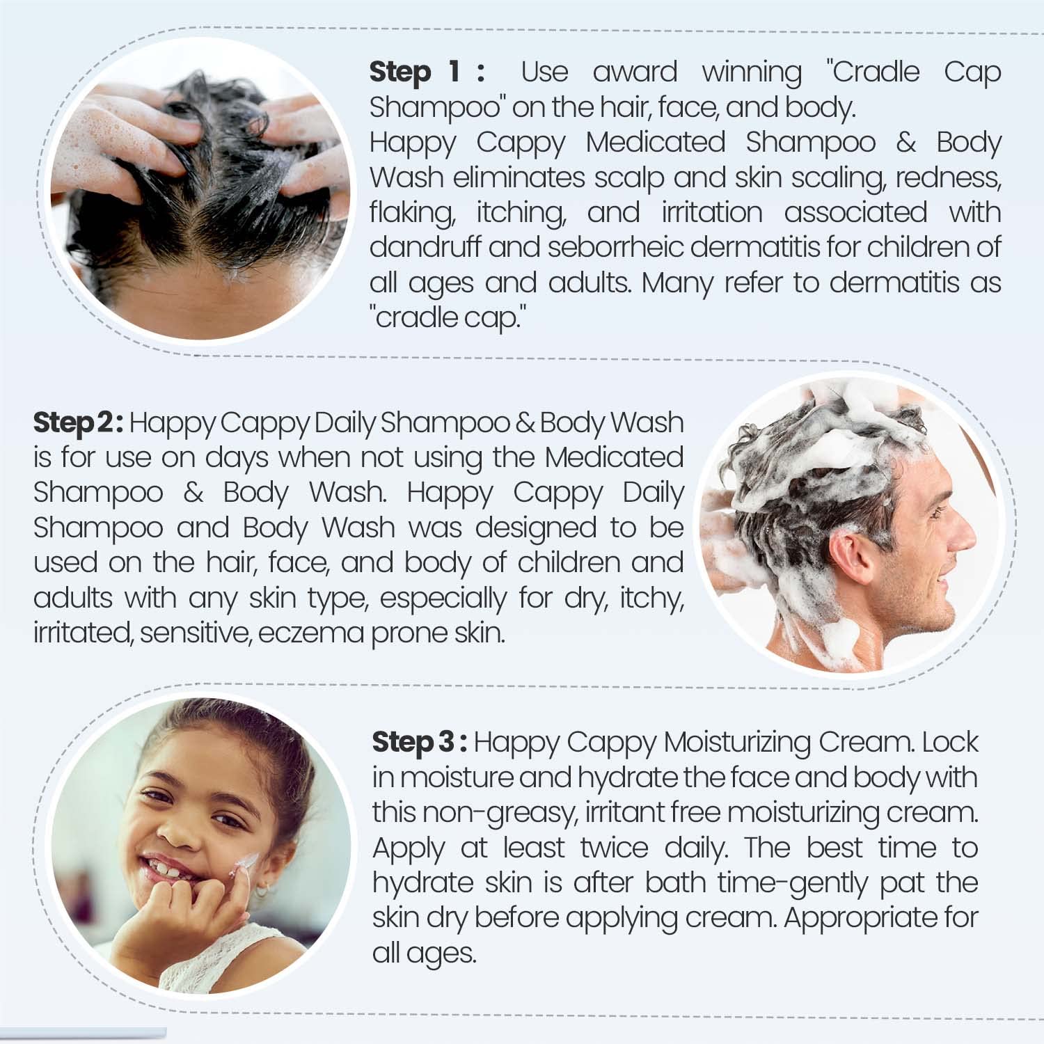 Happy Cappy 3-Step Skincare Bundle- Baby Dandruff & Cradle Cap Shampoo, Body Wash & Lotion for Eczema-Prone Skin for Infants, Kids - Medicated & Daily Shampoo (8oz each), Moisturizing Cream (6 & 12oz) - Image 5