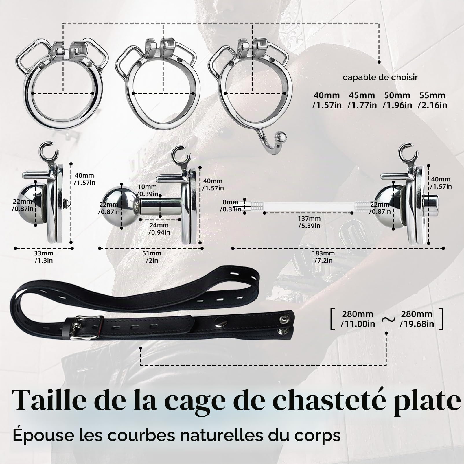 Cage de chasteté pour hommes Set avec dilatateur et ceinture de chasteté Métal Cage de chasteté plate Négatif Portable Extrême SM Cock Bondage Sex Toys pour hommes, couple (45mm-Arc ring,192+Belt)