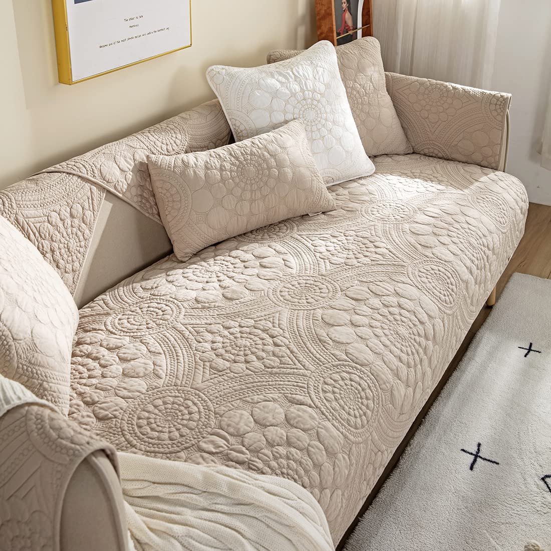 XSlive Cotton Quilted Sofa Cover Boho Circle Embroidered Sectional Couch Slipcover Solid Color Non Slip Sofa Slipcover Furniture Protector for Dogs,