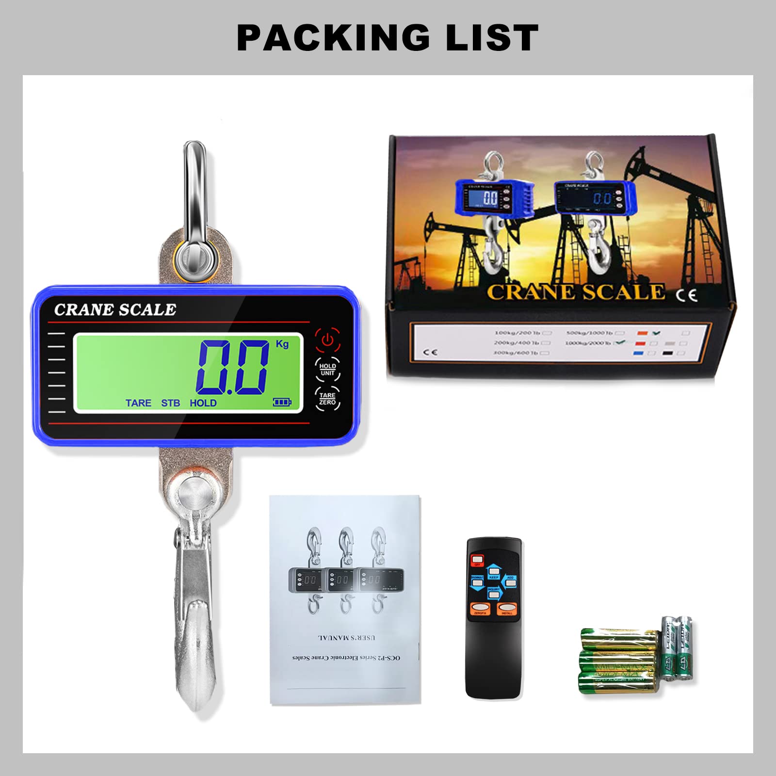 Bilancia a Gancio Digitale 1500KG, Bilancia a Sospensione con Telecomando, Bilancia per Gru Elettronica, Sospesa Scala Bilancia Dinamometro con Gru, Industriale Bilancias Portatile con Display LCD