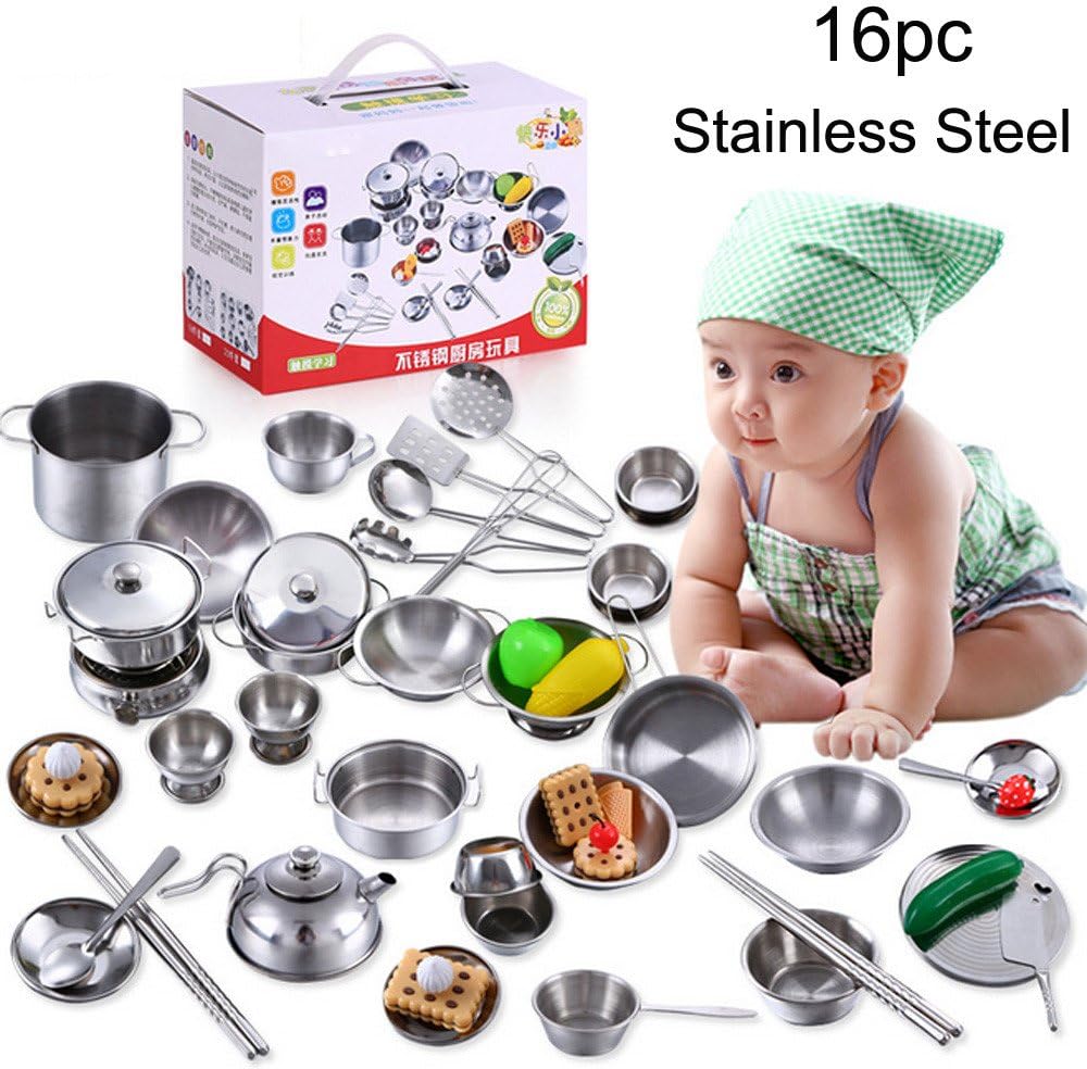HitHopKing 16 Pcs Pots and Pans Set Cookware Toy Kitchen Playset Pretend Toys Development Gift