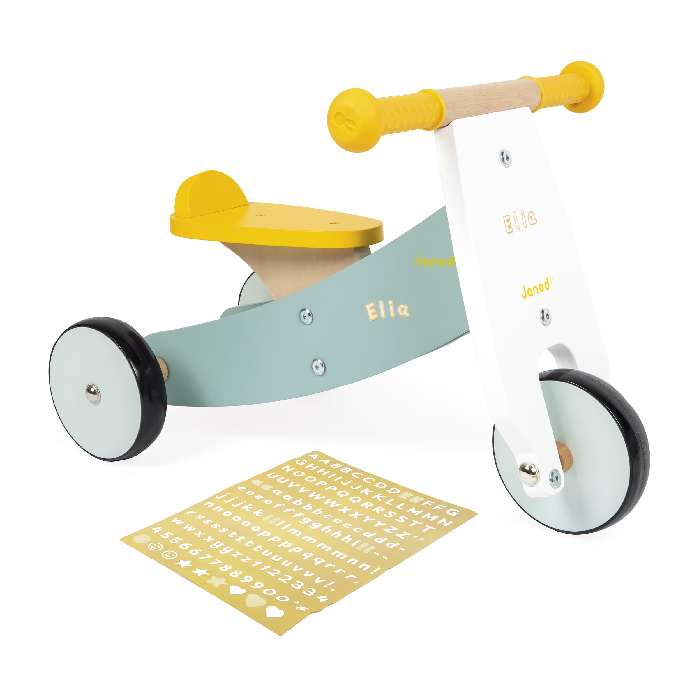 Janod Drewniany rower trójkołowy z możliwością personalizacji – wysokość siedziska 23 cm – drewniana zabawka do jazdy – wiek od 12 miesięcy