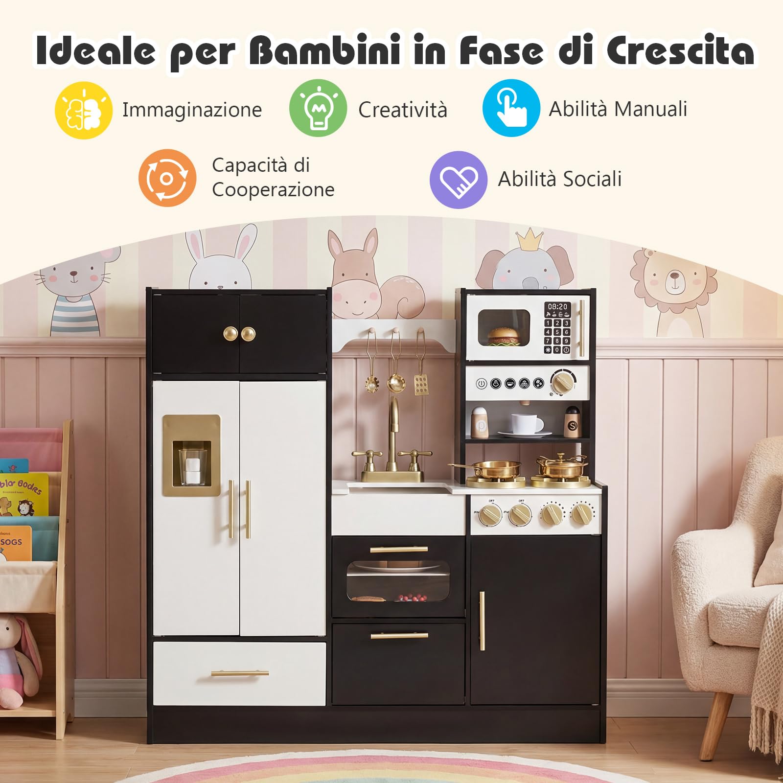 COSTWAY Cucina Giocattolo per Bambini, Set Cucinetta in Legno con Luci e Suoni Realistici, Fornelli, Lavello, Rubinetto, Forno, Microonde, Macchina del Caffè, Gioco di Finzione Chef per Bambini 3+