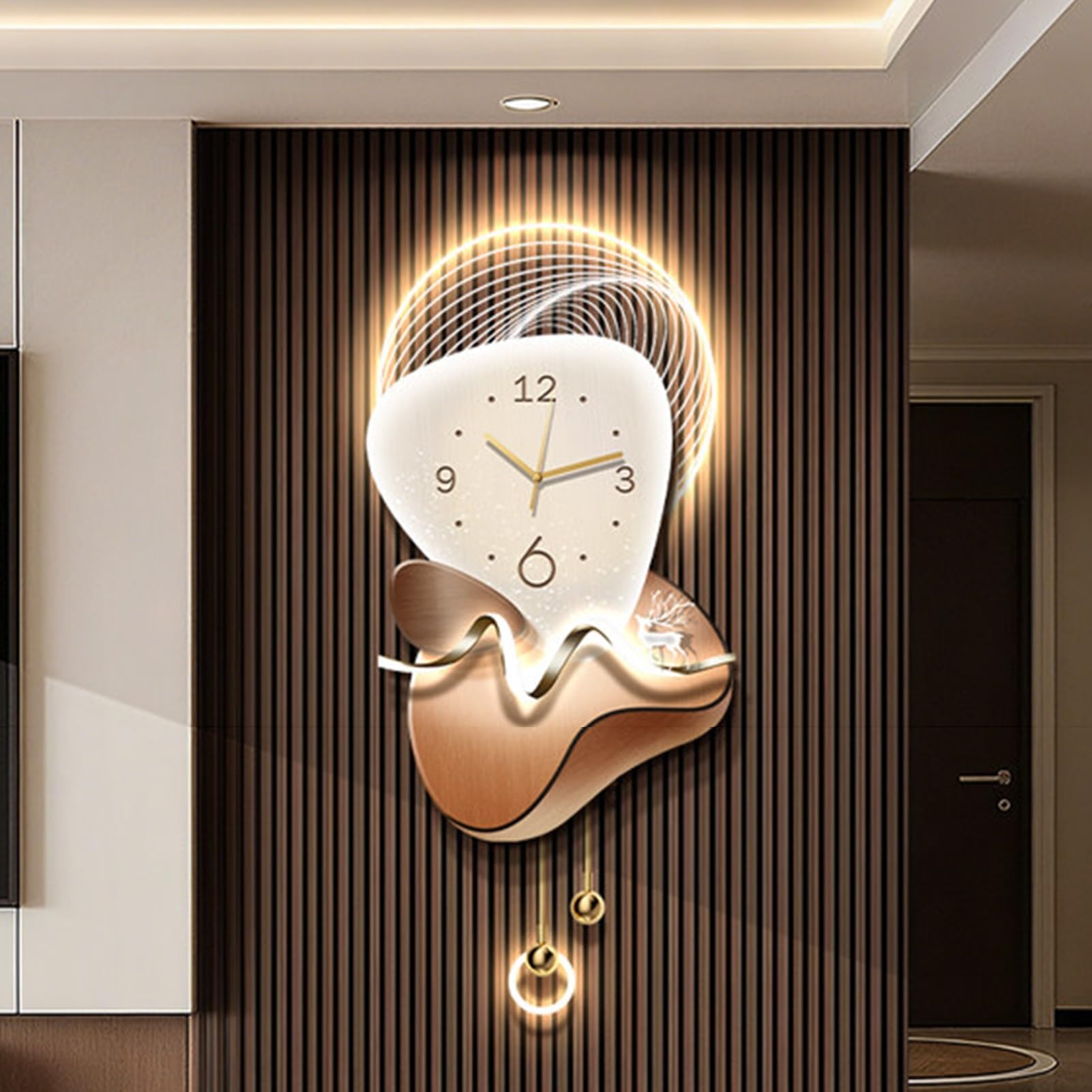 Large 3D Wall Sculptures with LED Light 3D Wall Art Decor Clock Plug-in Power Supply Vertical Creative Wall Clocks for Living Room Bedroom Office