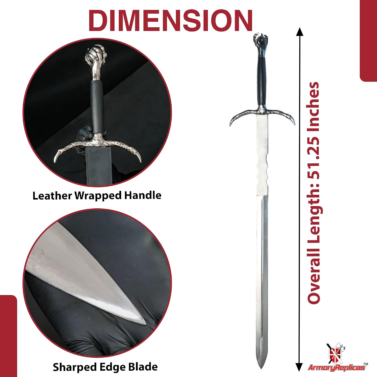 Armory Replicas™ Guardian of The Divine Griffin Claw Medieval Sword – 51” Stainless Steel Blade, Legendary Griffin Design, Two-Handed Faux Leather Handle, Includes Leather Sheath & Back Strap
