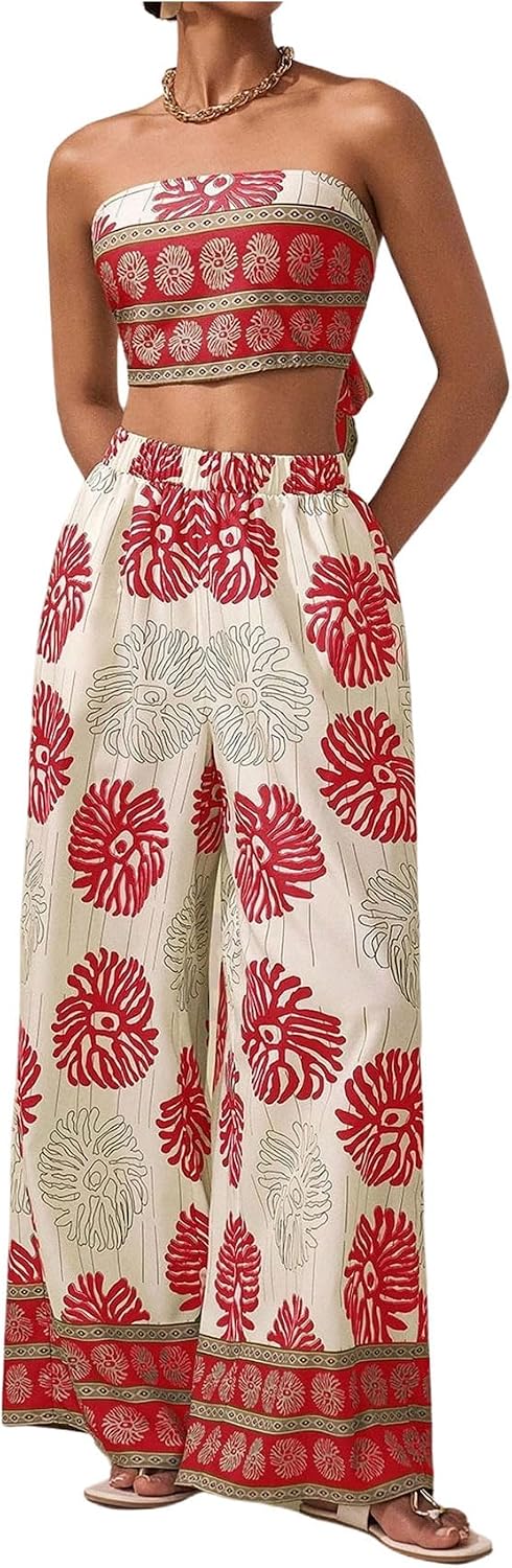 Floerns Women's 2 Piece Outfit Tropical Bow Cropped Tube with Summer Wide Leg Pants Set