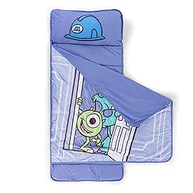 Jay Franco Kids Nap Mat Cartoon Embedded Pillow & Blanket - Soft 46x20Microfiber Sleeping Bag with Name Tag & Handle for School, Travel, Sleepover, Purple - Monsters Inc