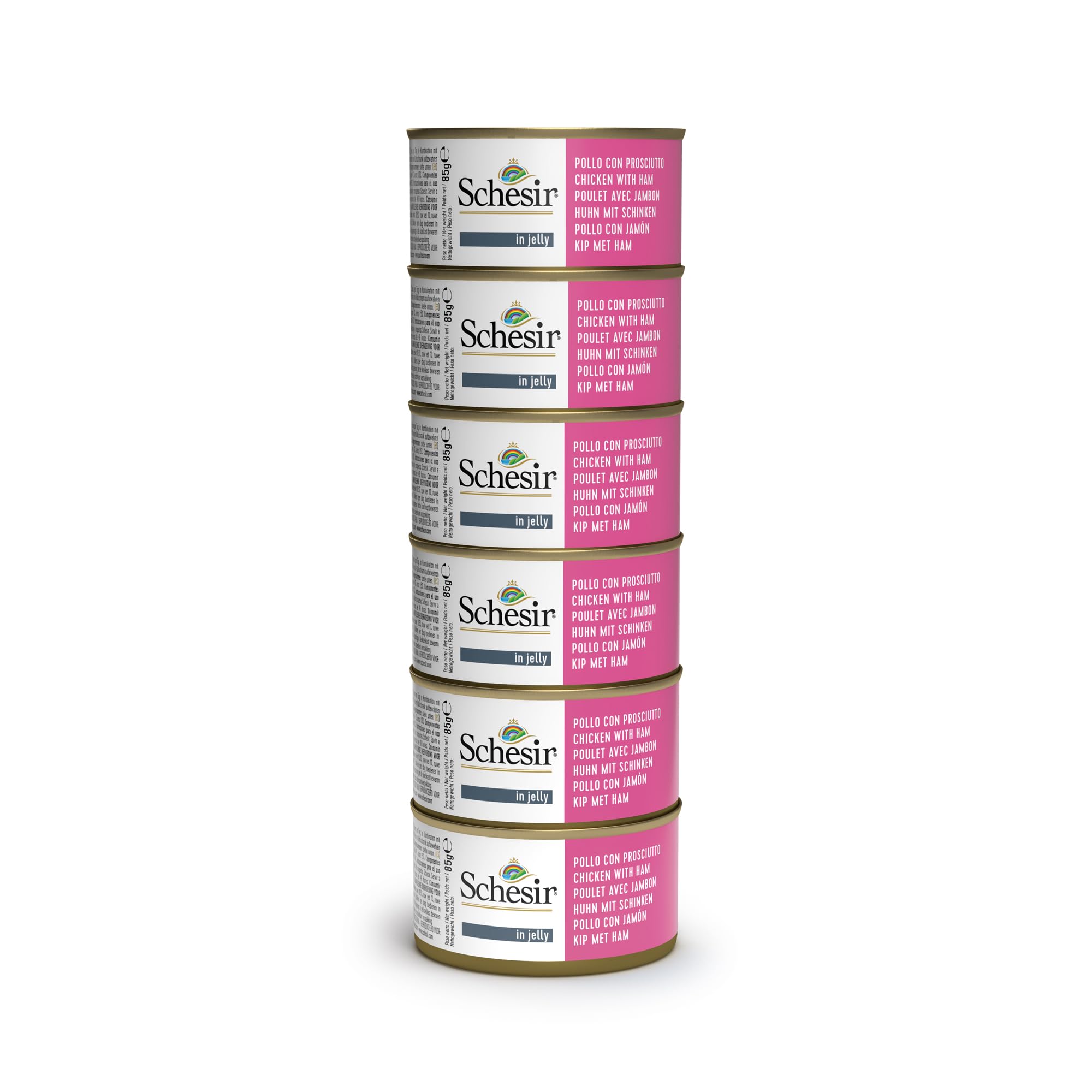 Schesir, Cibo Umido per Gatti Adulti, Pollo e Prosciutto, in Filetti e Gelatina 100% naturale. Confezione da 6 lattine x 85gr