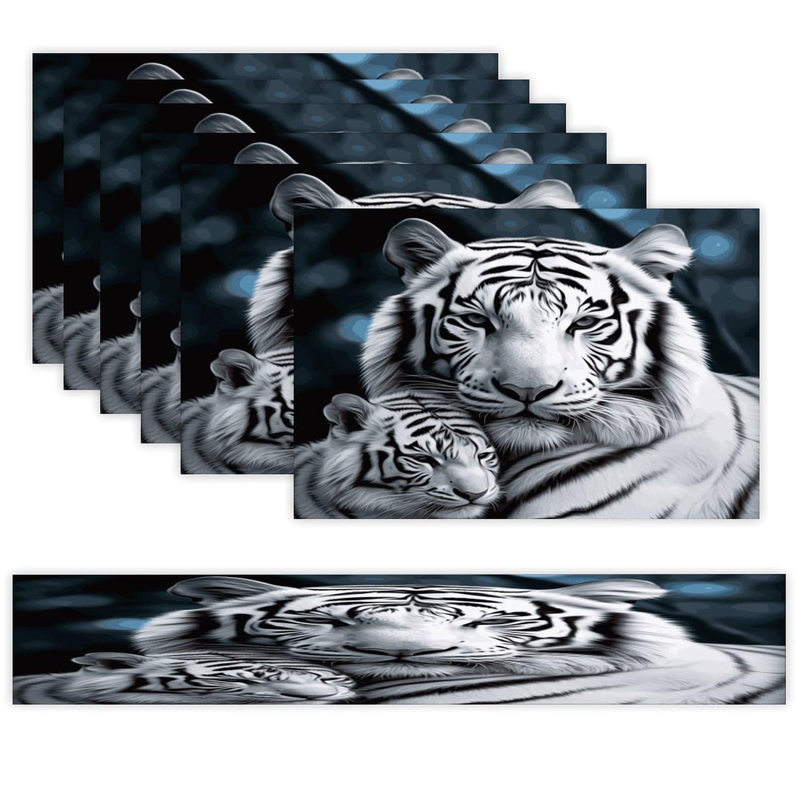 White Tiger Table Runner and Placemats Set of 6 Wipe Clean Heat Resistant Table Mat with Table Runner Decorations Flax Linen Place Mat Set for Home Kitchen Party Supplies