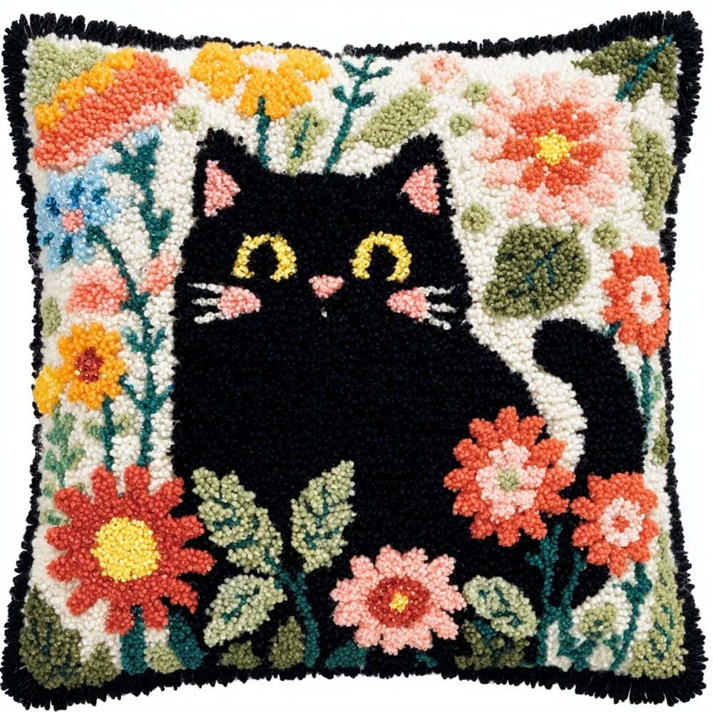 kitphoenix Latch Hook Cushion Kits Black Cat and Flowers