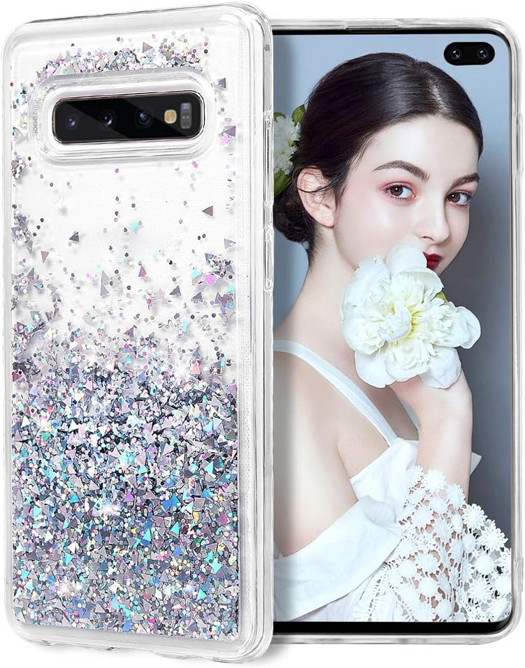 Samsung Galaxy S10 Plus Case, Clear Liquid Glitter Case Air-Cushion Drop Resistant Bling Shiny Sparkle Flowing Shockproof Soft TPU Bumper Shell Slim Cover for Samsung Galaxy S10 Plus 6.4" - Silver