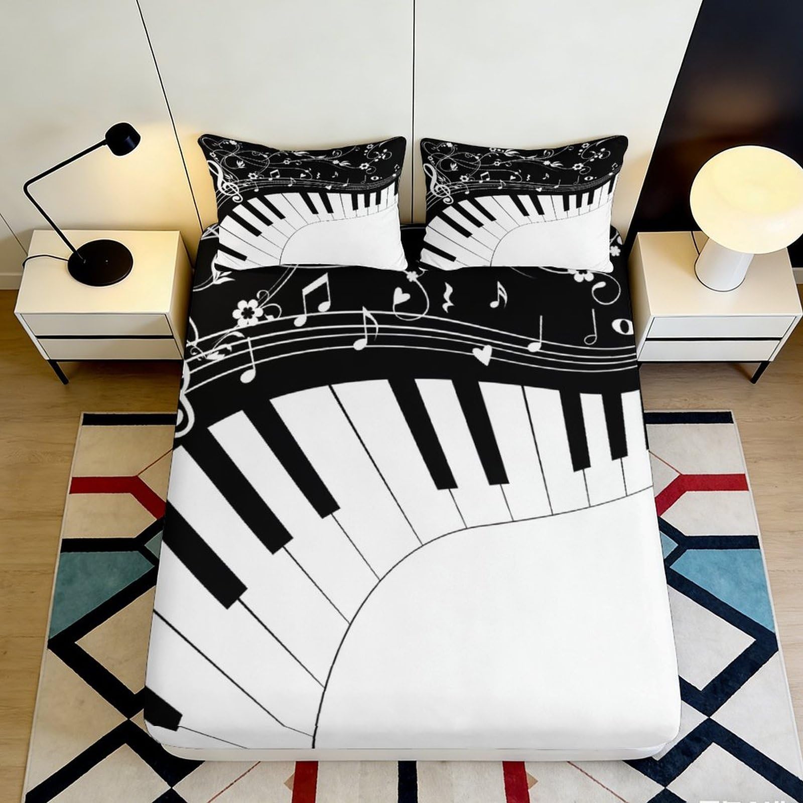 3D Printed Piano Keys Fitted Sheet Microfiber Soft Breathable Music Notes Bed Cover for Bedroom Dorm Mattress Decor 90x200x25cm
