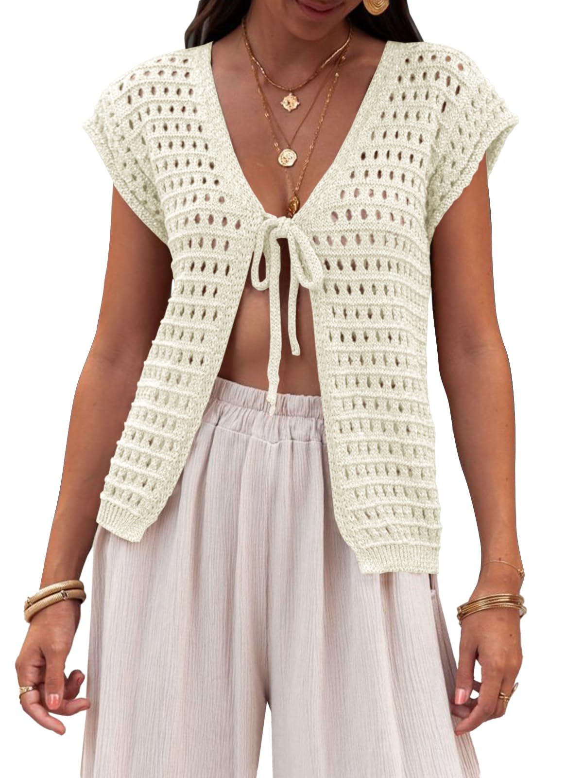 Saodimallsu Womens Tie Crochet Shrug Short Sleeve Open Front Lightweight Knit Cropped Cardigan Sweaters Cover Up
