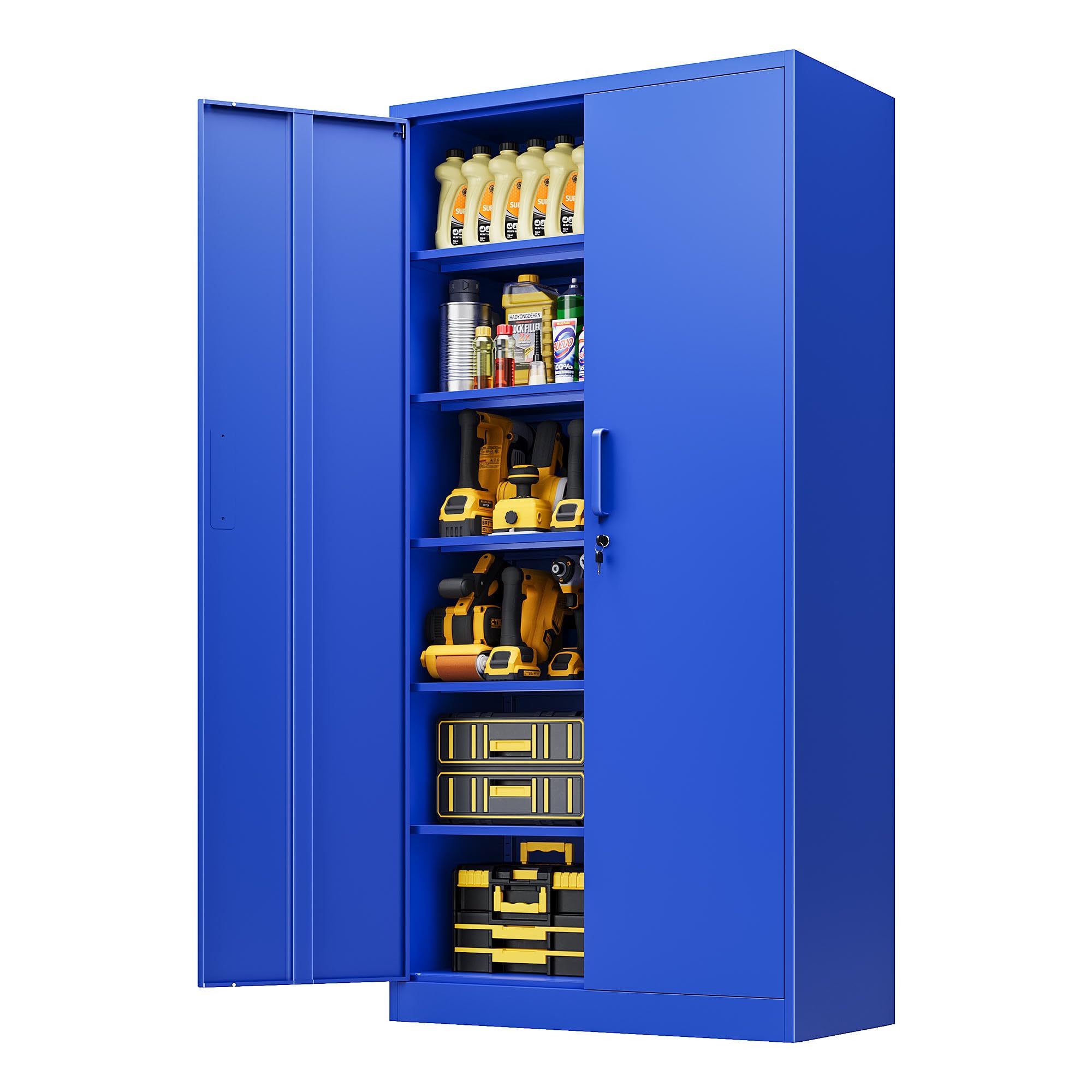 LISSIMO Metal Cabinet with Lock, Tall Storage Cabinet with Door and Adjustable Shelves,Blue Steel Storage Cabinets for Garage,Home Office,Pantry,