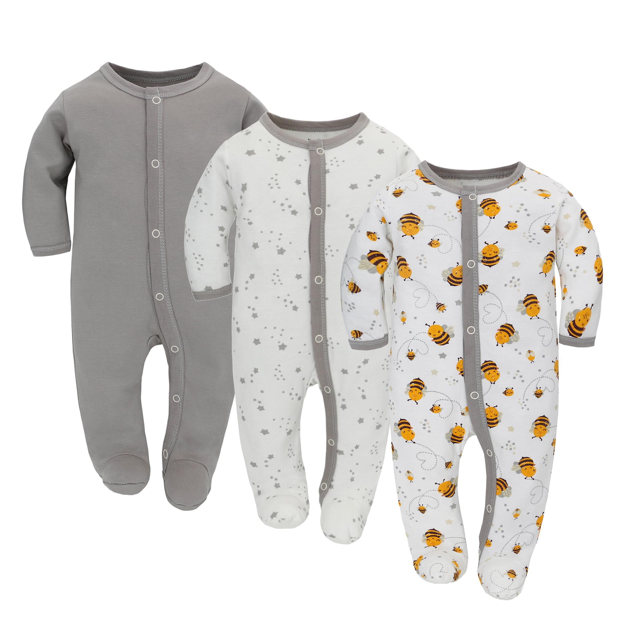 3PCS Baby Schlafstrampler Babychlafanzug Babyschlafsack Baumwolle mit Füßen mit knöpfen Gr. 56 62 68 für Junge Mädchen Neugborenen