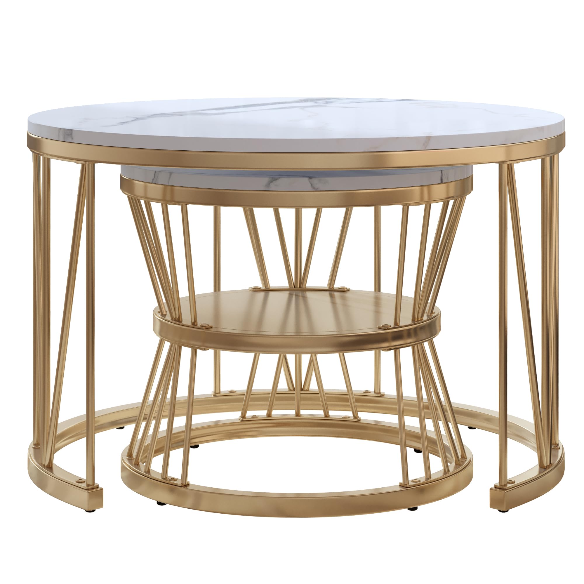 Couchtisch Rund 2er Set, Marmoriert Couchtisch, Sofa Tisch,Beistelltisch mit Metallrahmen,Moderne Kaffeetische Satztische für Wohnzimmer Schlafzimmer (Golden-021)