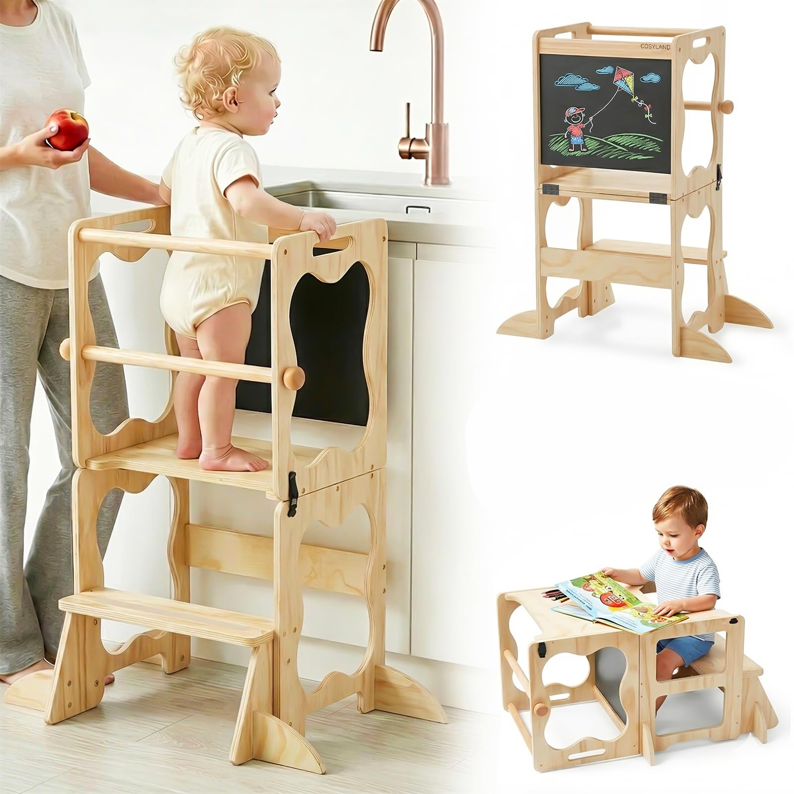COSYLAND Torre de Aprendizaje Montessori 3 en 1 Convertible con Pizarra | Madera maciza, estructura en A con soportes de esquina; mesa con silla y pizarra para cocina, lavabo y dibujo