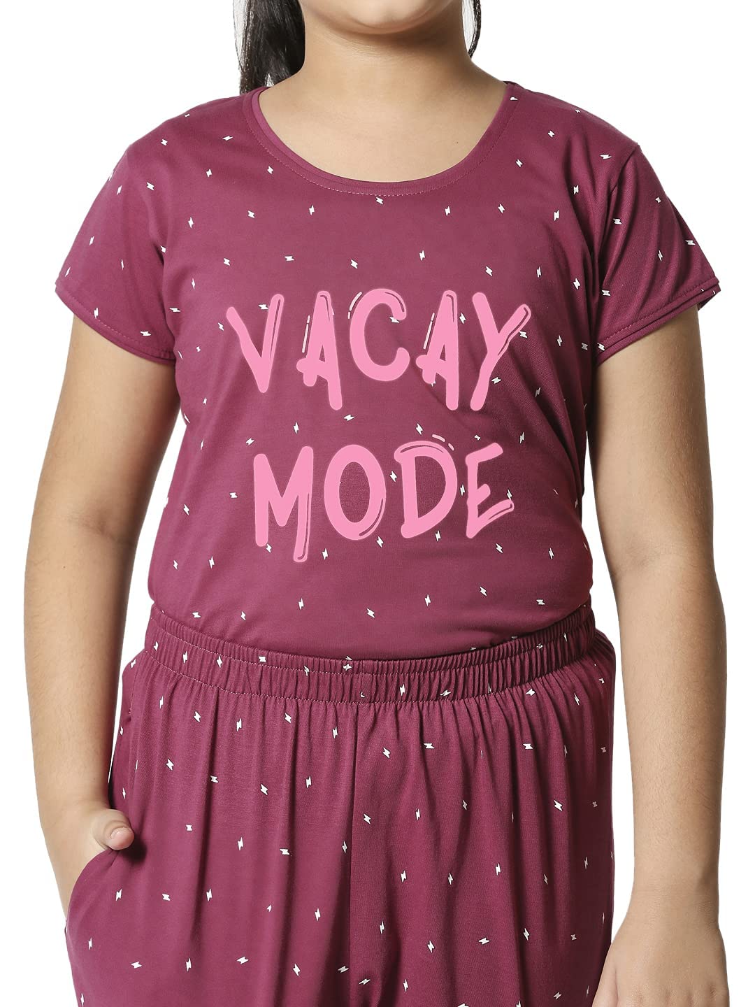 ZEYO Girls Night Suit Set Cotton Flash Print Purple Night dress 5519