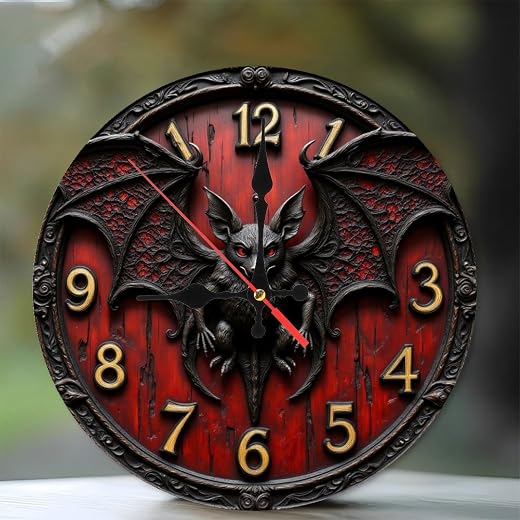 Gothic Bat Wall Clock Red Black Decor 10 Inch Wooden Wall Clock, Silent Movement, Artistic Home photo Gothic Bat Wall Clock Red Black Decor10-Inch Wooden Wall Clock, Silent Movement, Artistic Home Decor