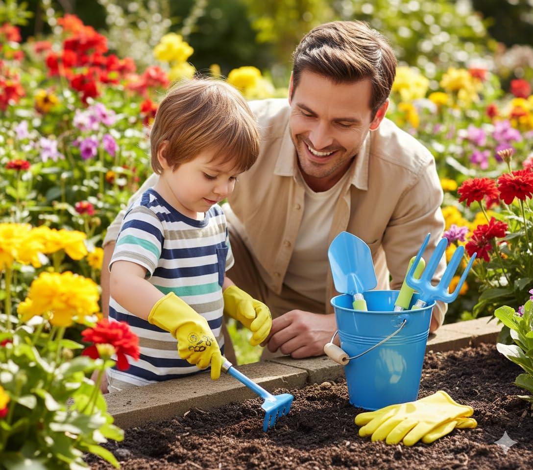 JustForKids 2 Pack Garden Tool Set – Green & Blue Metal Pails with Mini Shovel, Rake & Cultivator, Wooden Handles – Outdoor Gardening Tools for Kids