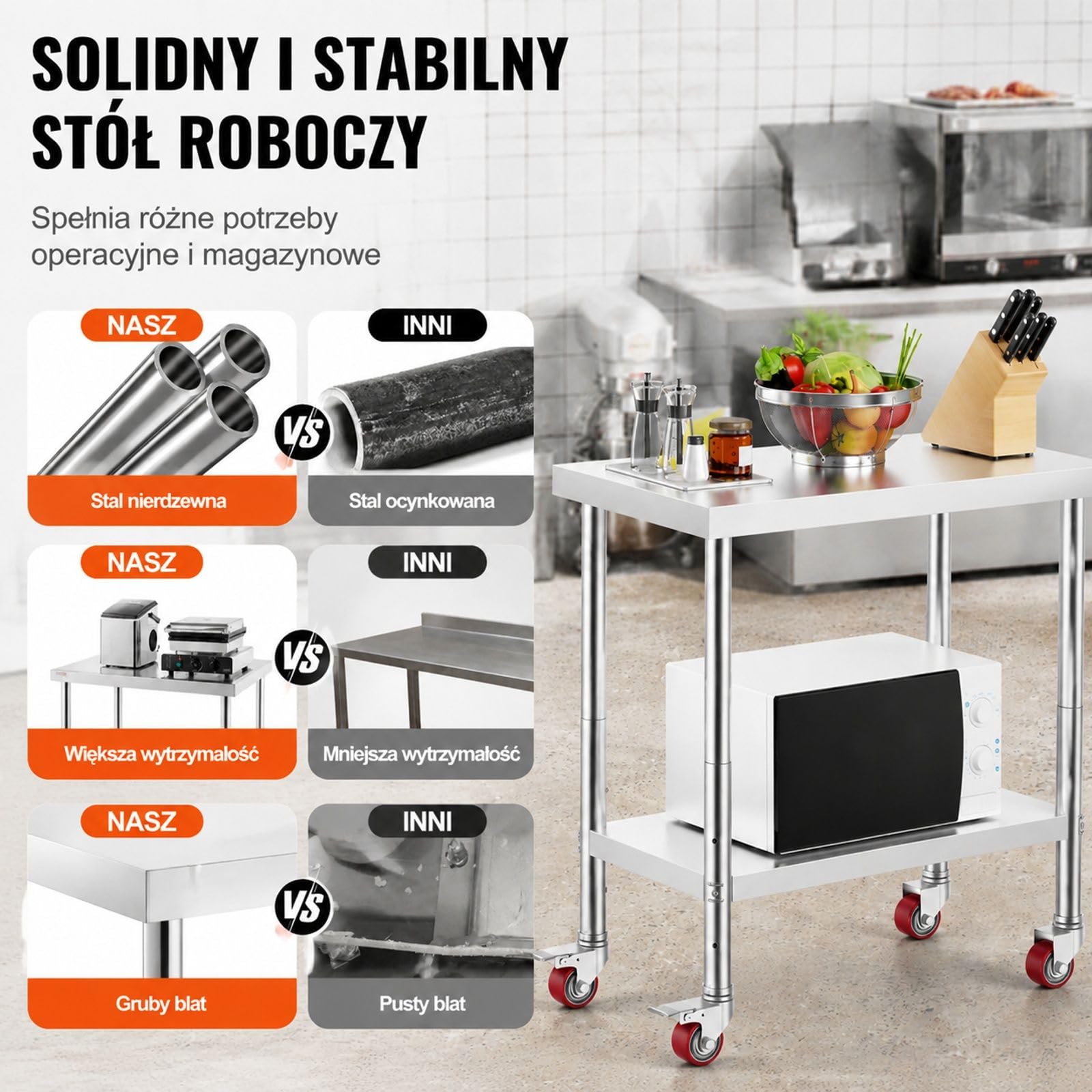 Stół roboczy ze stali nierdzewnej na 4 kółkach z regulowaną dolną półką do kuchni, baru i restauracji