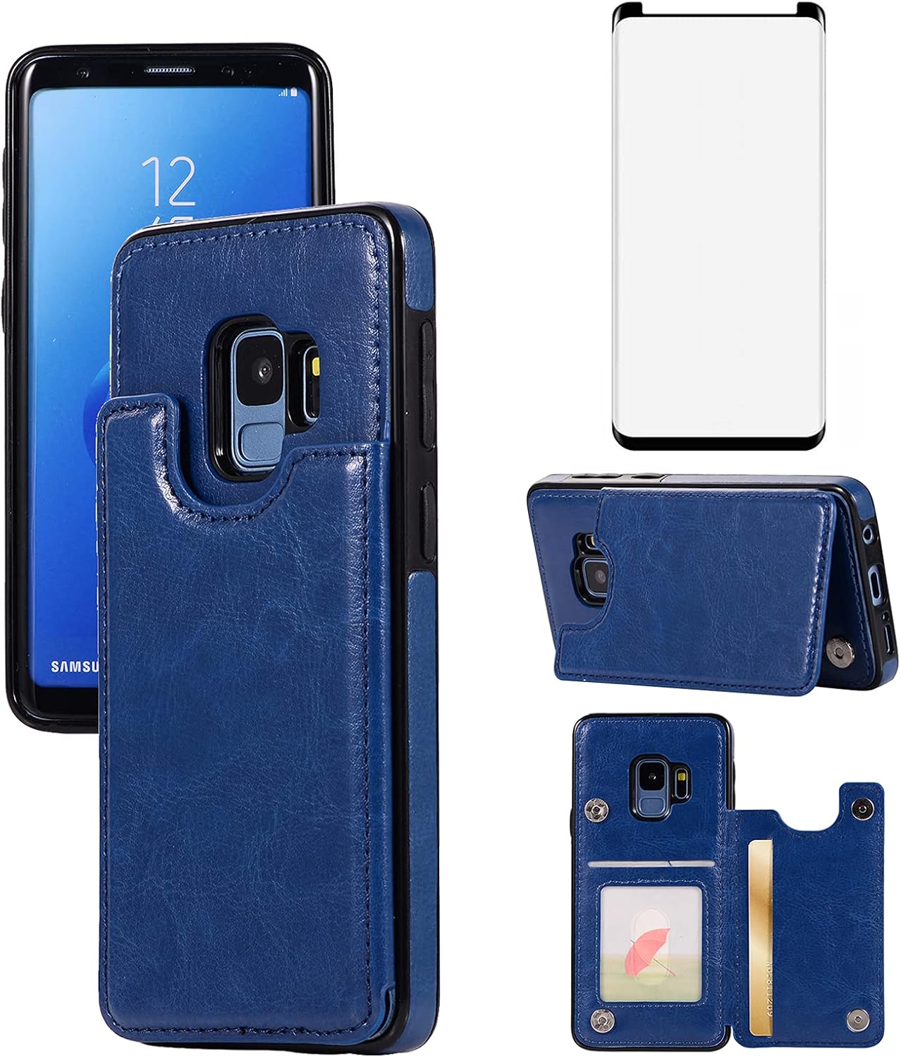 Asuwish Compatible with Samsung Galaxy S9 Wallet Case Tempered Glass Screen Protector Card Holder Stand Leather Flip Cell Accessories Cover Phone Cases for Glaxay S 9 Edge 9S GS9 Women Men Blue