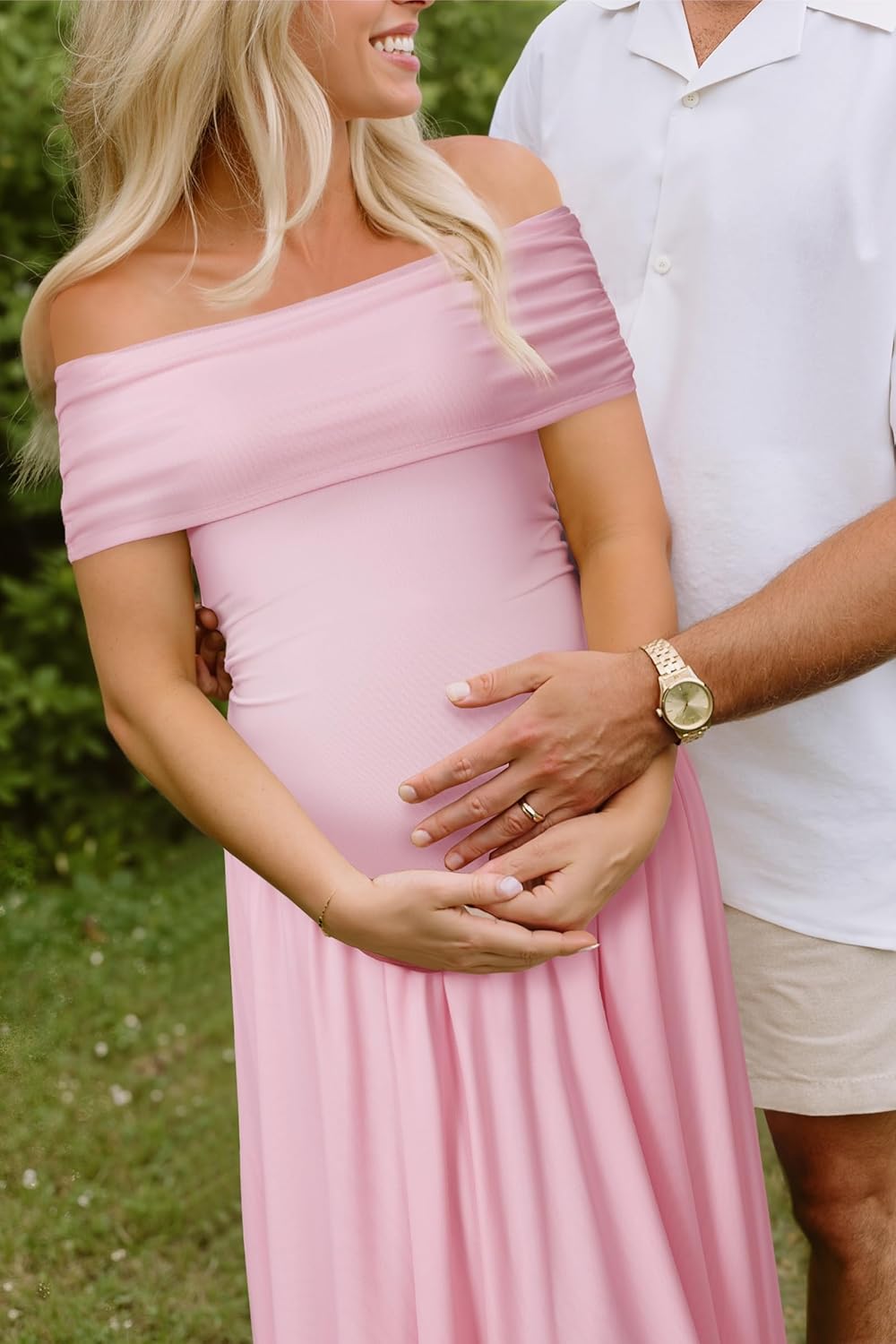 OUGES Women's 2026 Summer Spring Off The Shoulder Mesh Maxi Maternity Baby Shower Dresses for Photoshoot Party Wedding Guest Sleeveless Pleated Formal Long Flowy Pregnancy Must Have Clothes(Pink,XXL) - Image 5