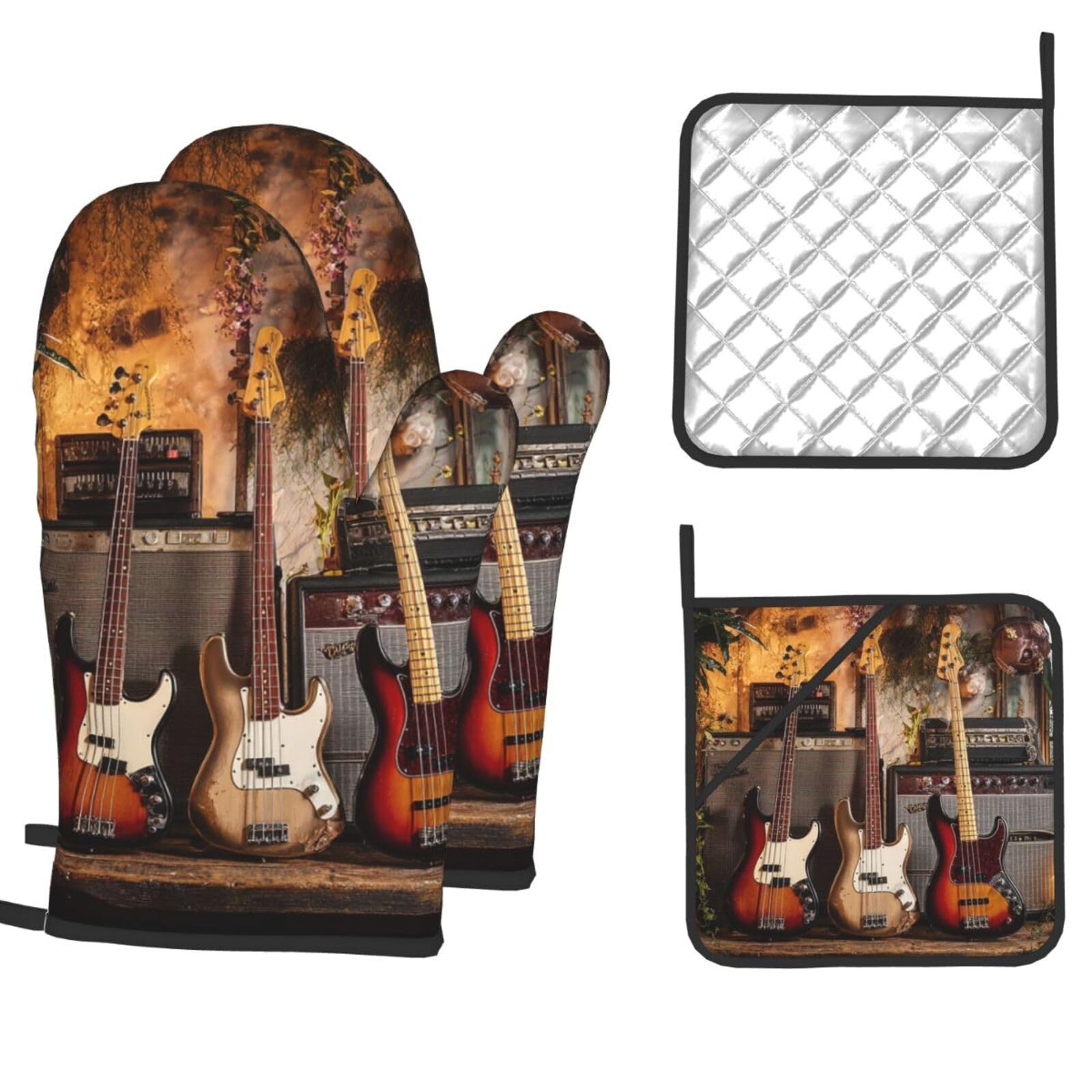 Oven Mitts and Pot Holders Sets of 4 Heat Resistant Kitchen Gloves Guitar Bass Music Musical Instruments Oven Mitts BBQ Gloves Oven Gloves and Hot Pads Non-Slip Potholders for Kitchen Baking Cooking