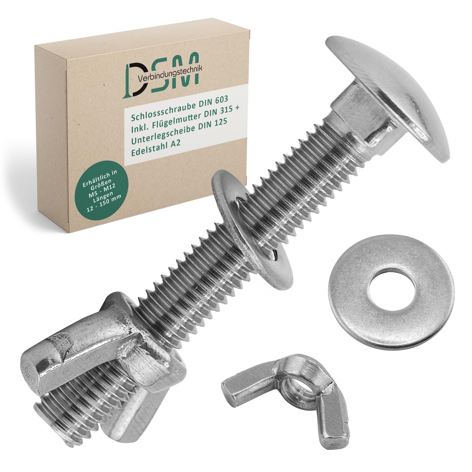 DSM – Viti a testa tonda M6 x 60 mm a norma DIN 603 – Dado ad alette M6 DIN 315 & rondella DIN 125 – Acciaio inox A2/V2A – Viti a testa tonda con attacco quadrato – Dado a farfalla – 2 pezzi