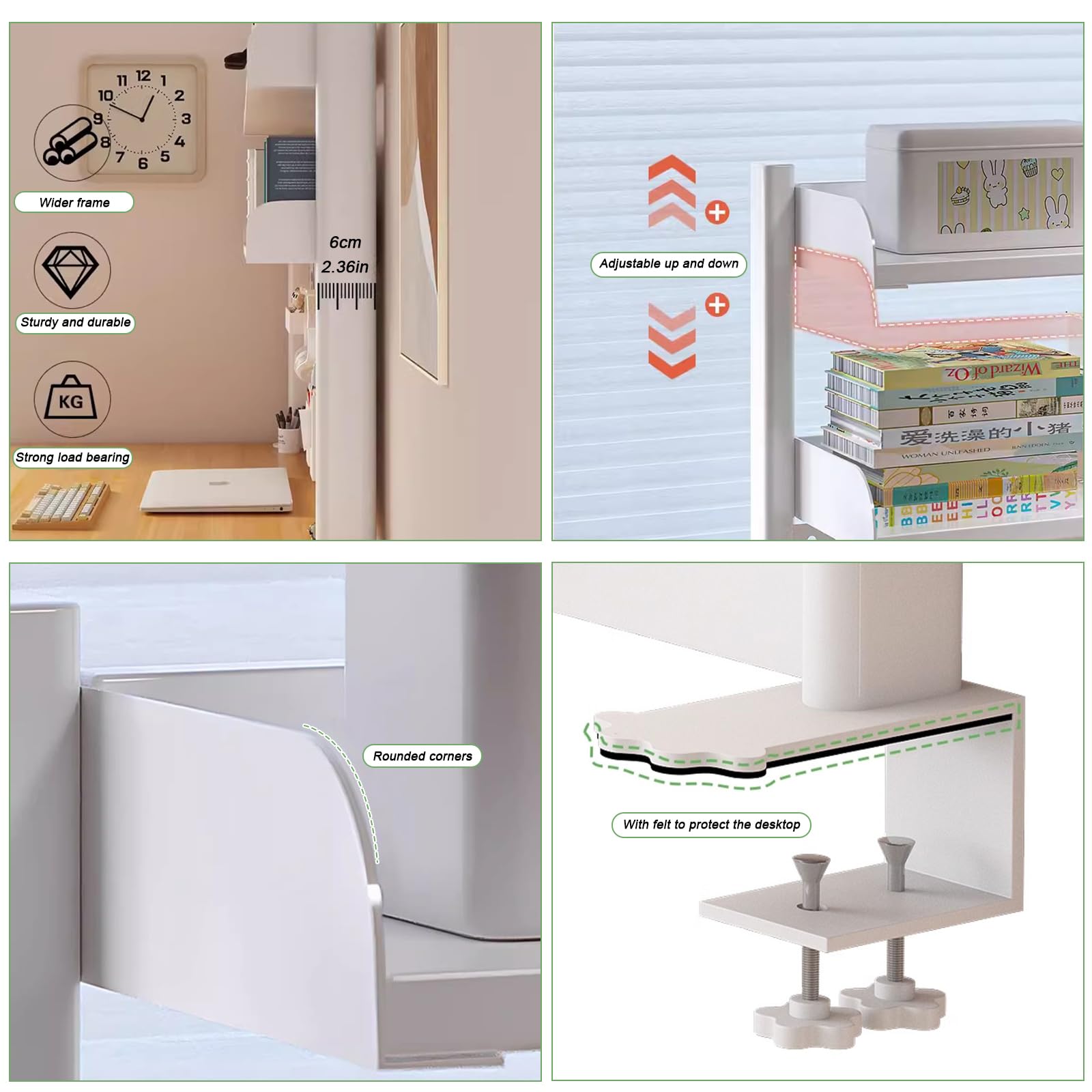 FPIGSHS Klemmbare Schreibtisch-stecktafel-Regal, 2-Ebenen Büro-Computertisch Zubehör Organizer für Büro, Gaming, Zuhause, modular aufhängbar, Klemmregal mit 20 Zubehörteilen， Schwarz (Weiß, 60cm)