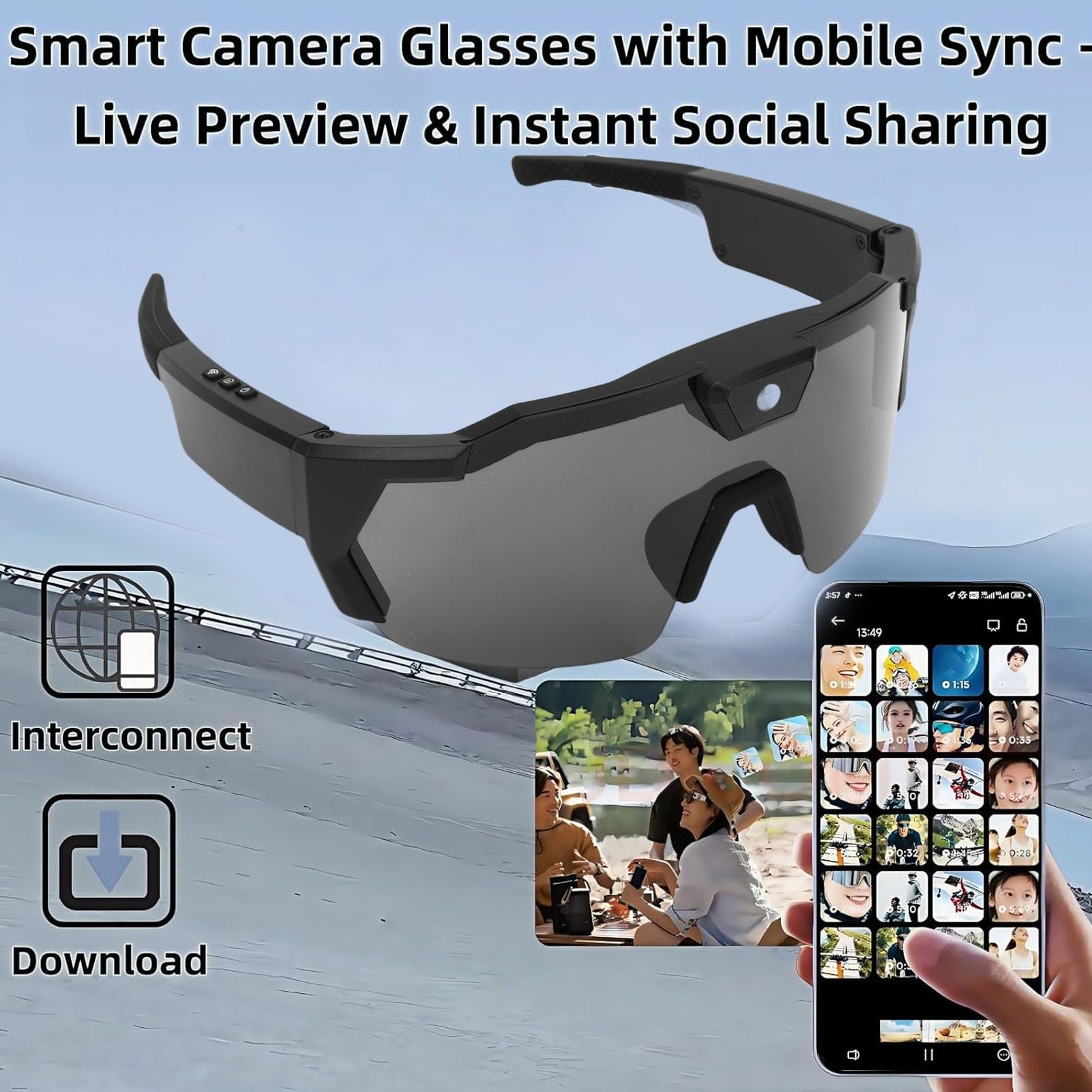 Smart-Kamera-Brille, Videobrille mit HD-1080p-Videoaufzeichnung, 120°-Weitwinkelobjektiv, WLAN, tragbare Sonnenbrille für Outdoor, Indoor, Sport, Radfahren, Wandern, Reiten