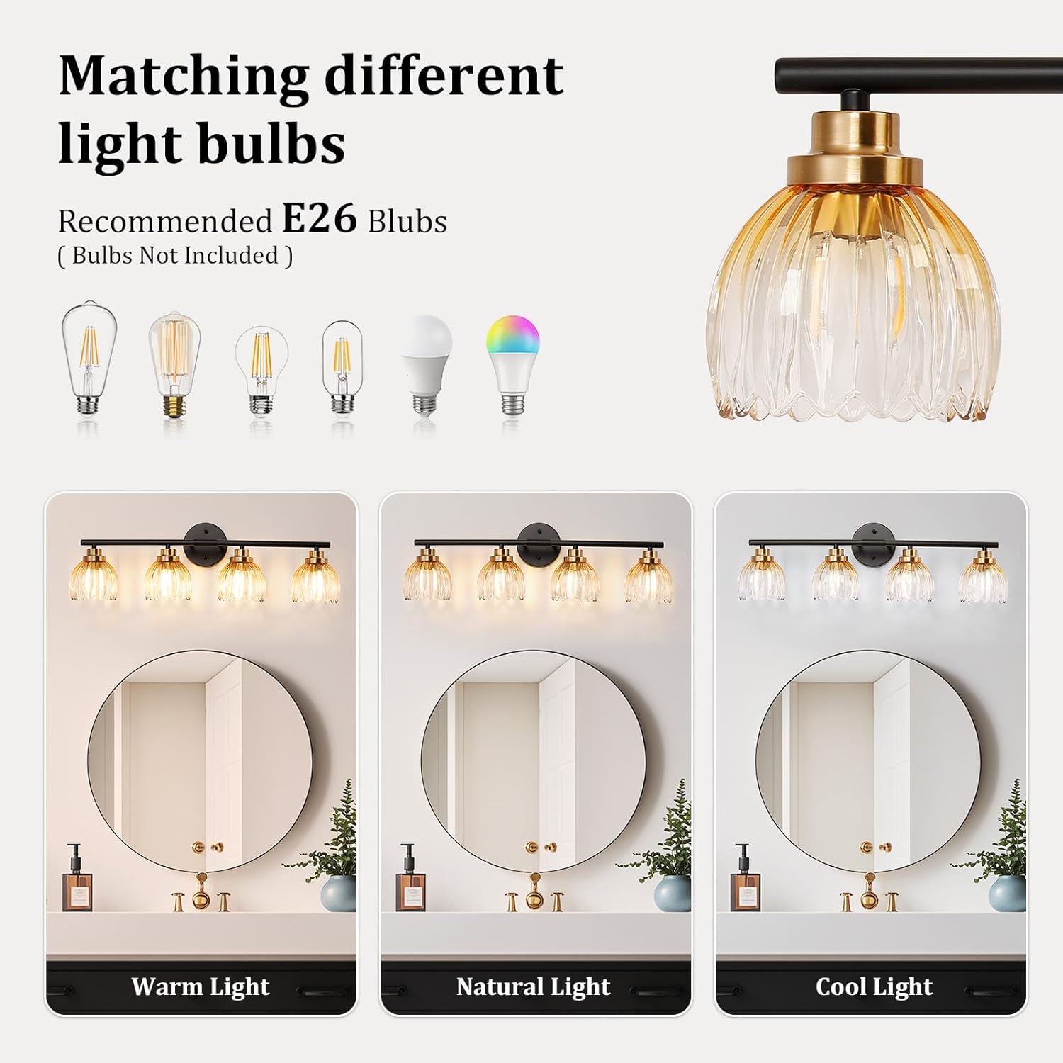 TALOYA Bathroom Vanity Light Fixtures, 4-Light Black and Gold Wall Lights for Mirror with Gradient Amber Tulip Glass Shades, Over Sink Lighting for Bedroom, Living Room, Hallway